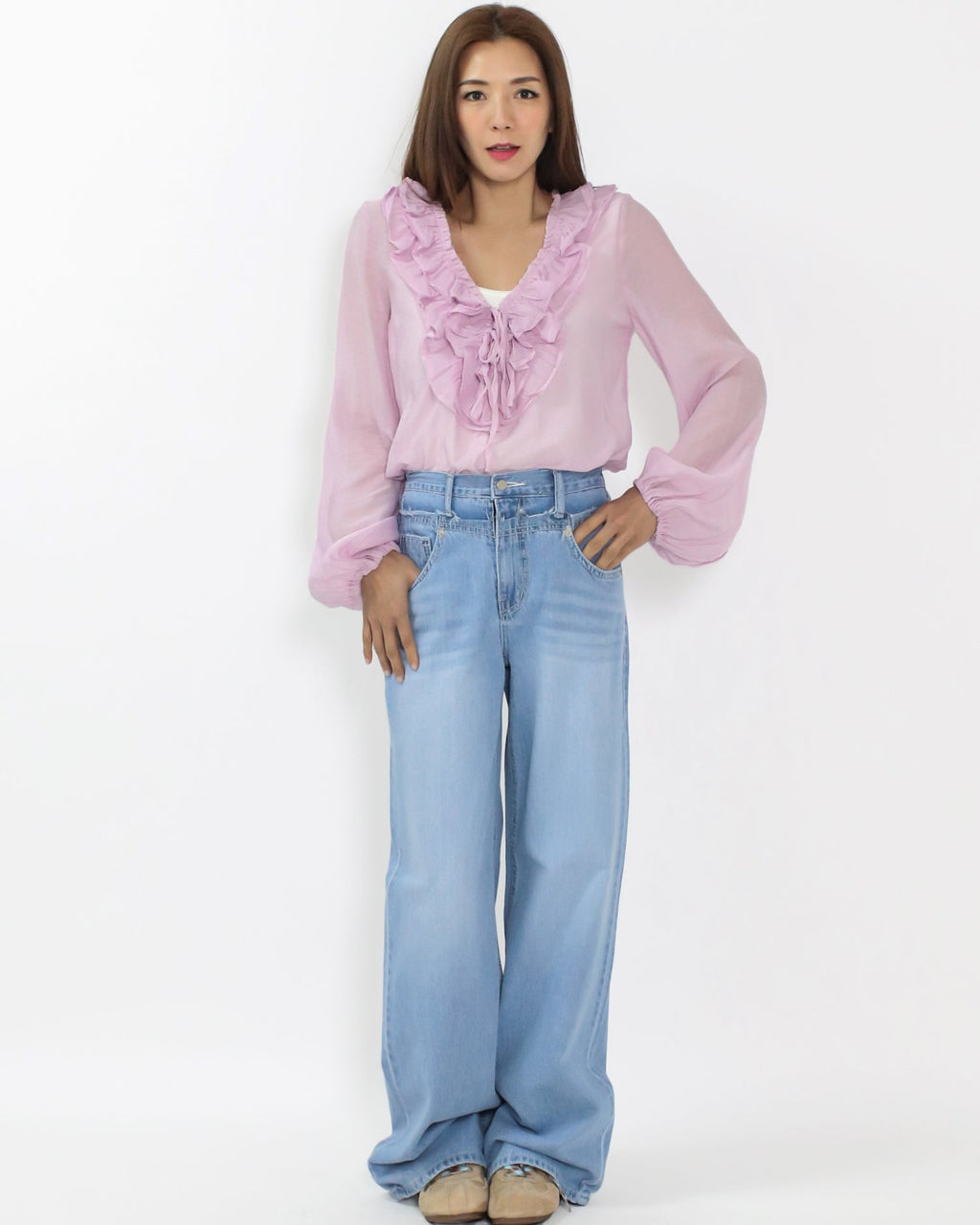 blue denim layer waist straight leg jeans