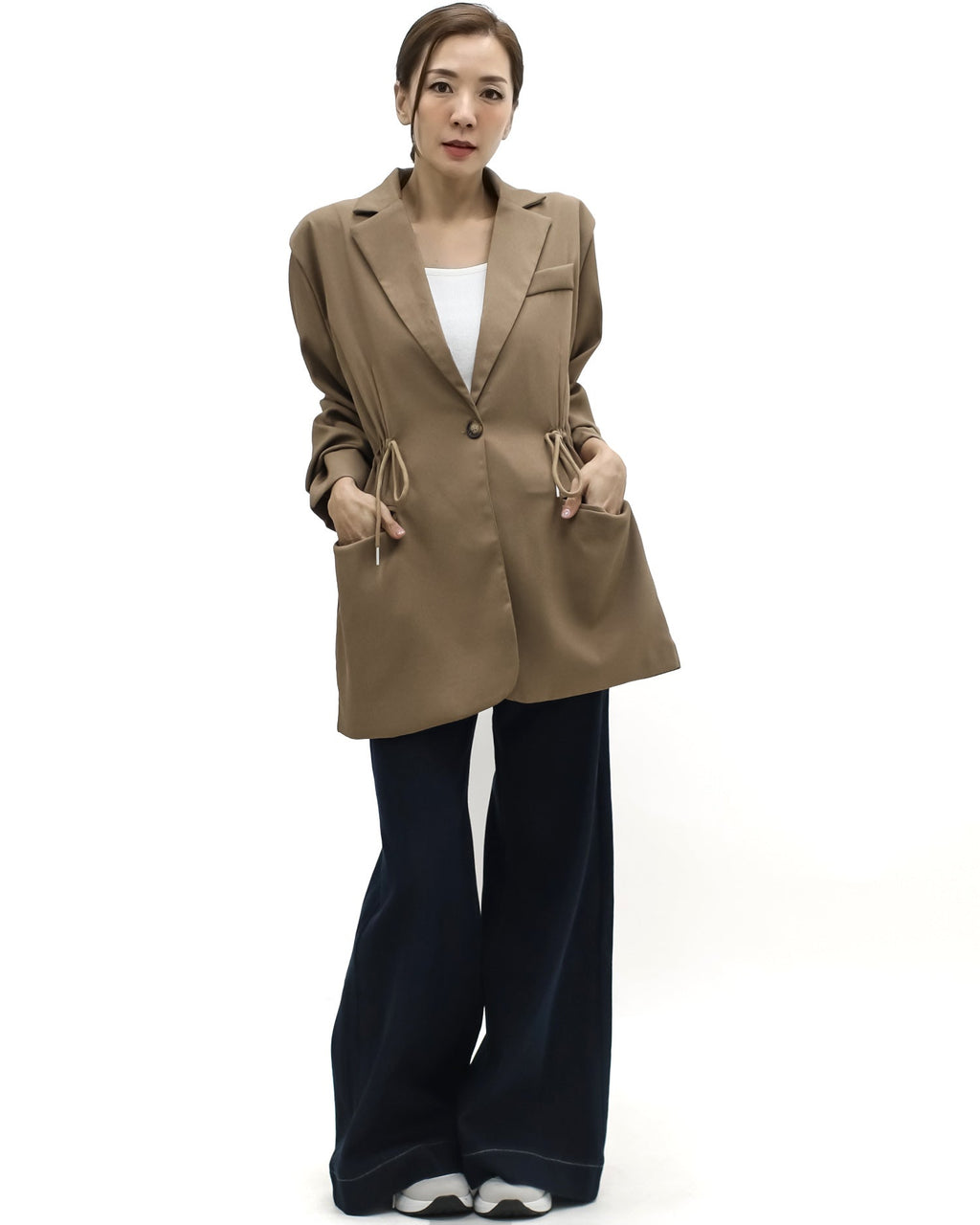 beige drawstring waist blazer