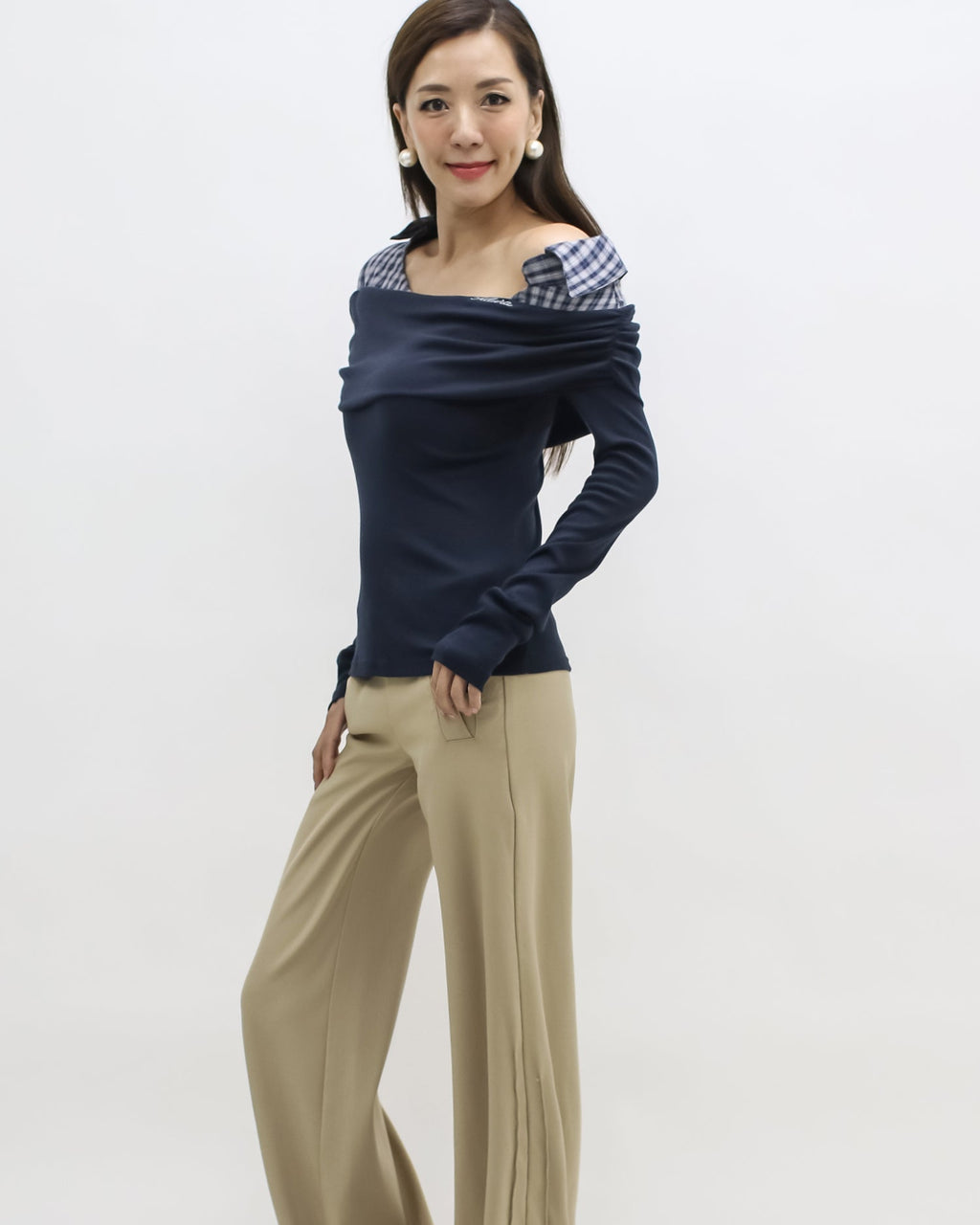navy w/ checkers shirt collar contrast top *pre-order*
