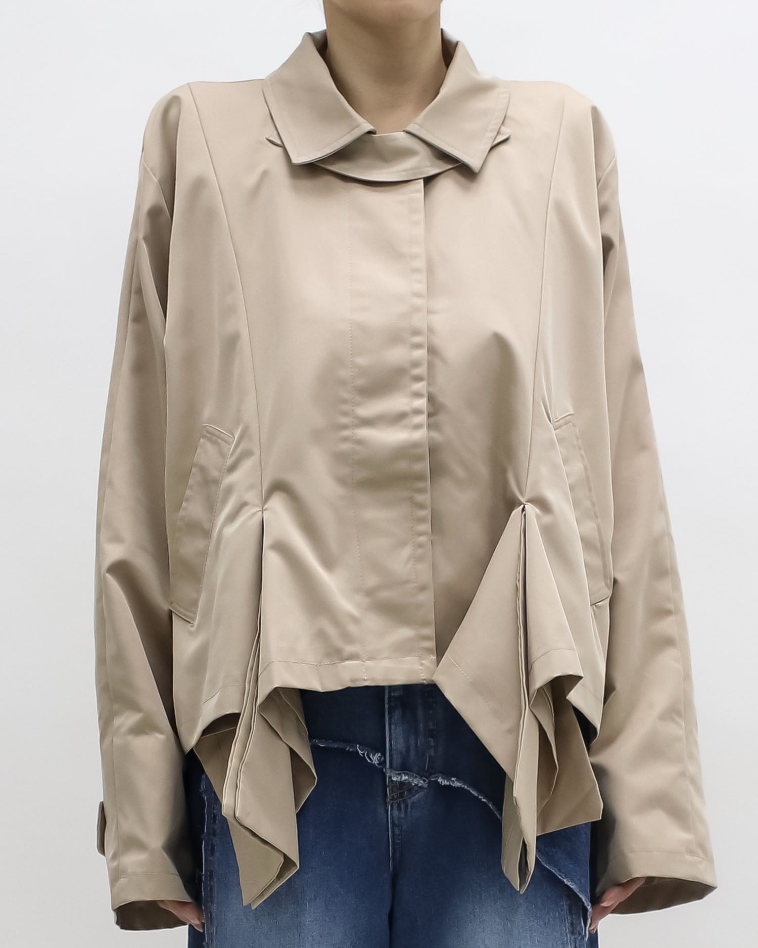 beige asymmetric hem trench jacket