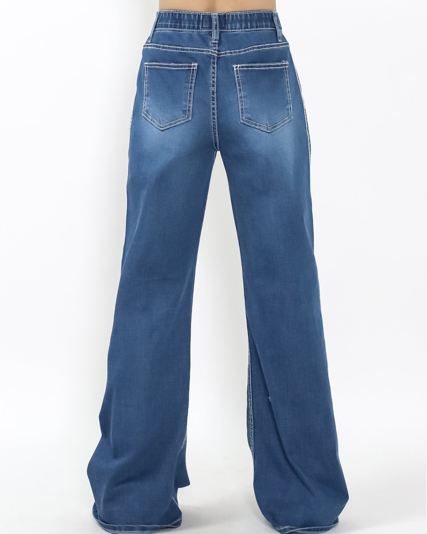 Mid blue w/ ivory line straight leg jeans