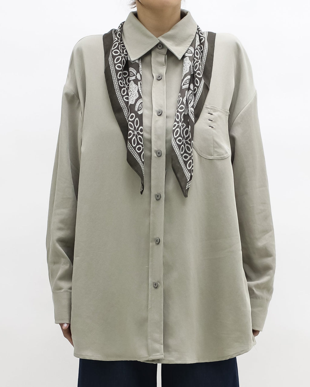 beige shirt w/ green printed scarf *pre-order*