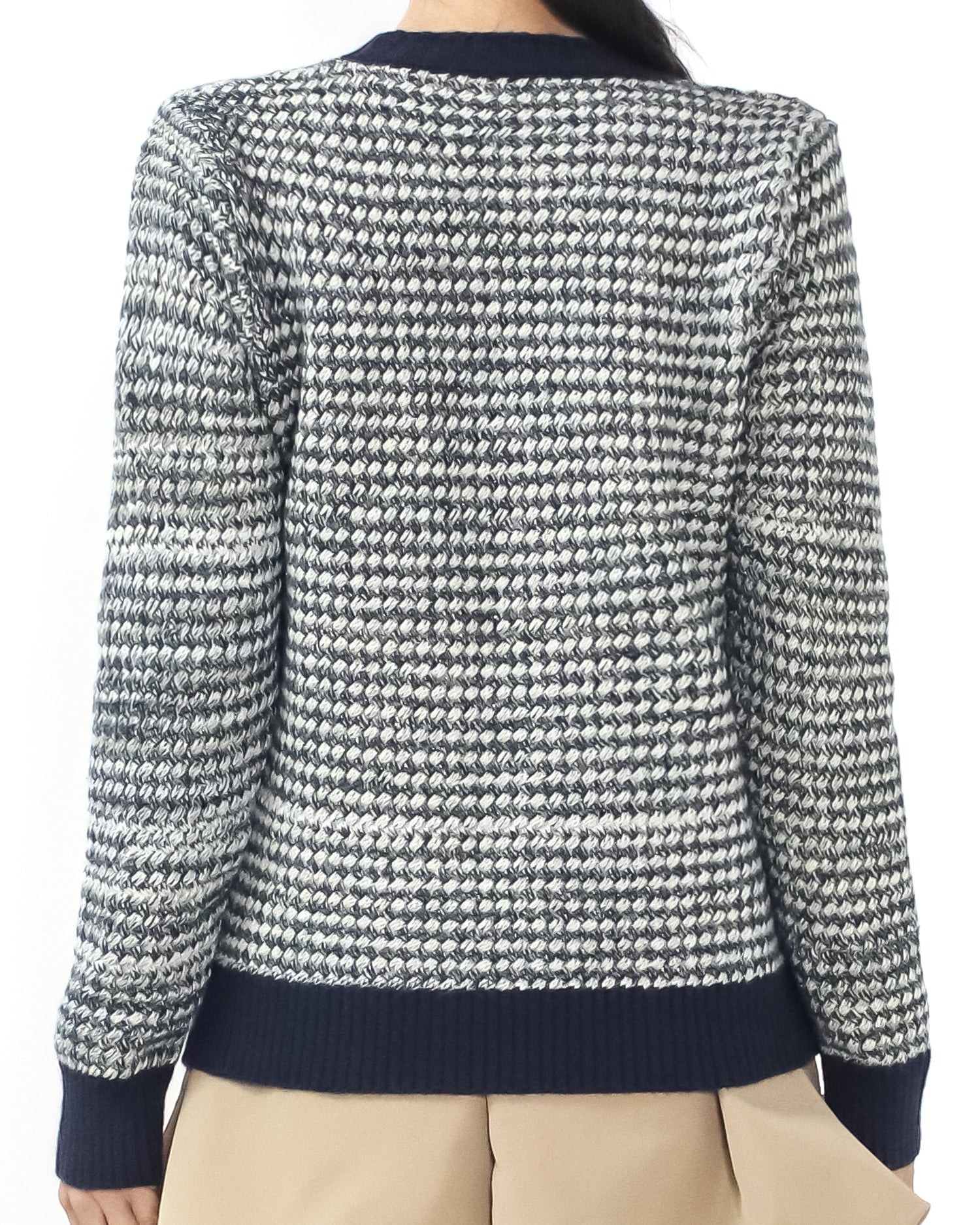 navy trim w/ ivory boucle knitted top with brooch *pre-order*