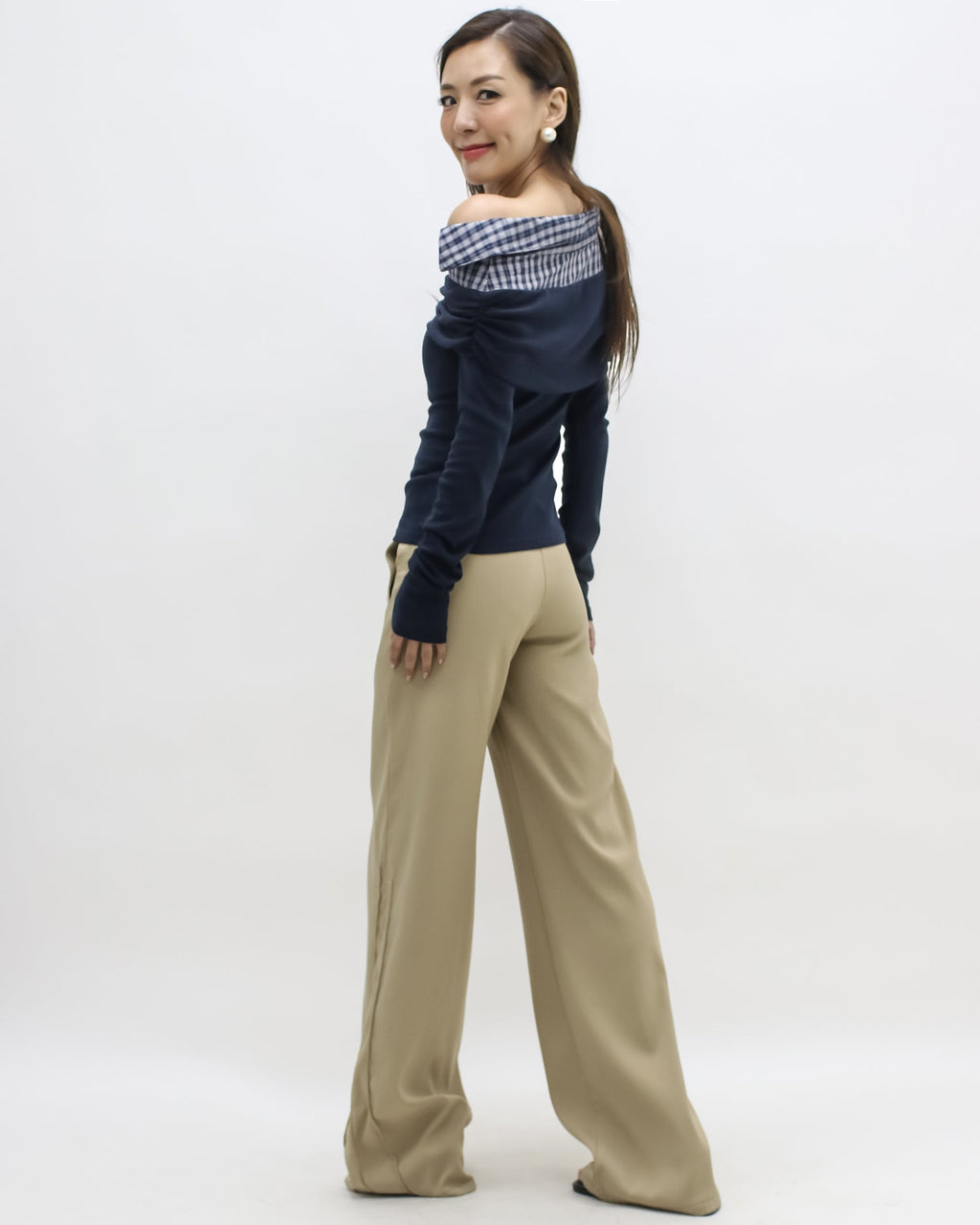 navy w/ checkers shirt collar contrast top *pre-order*