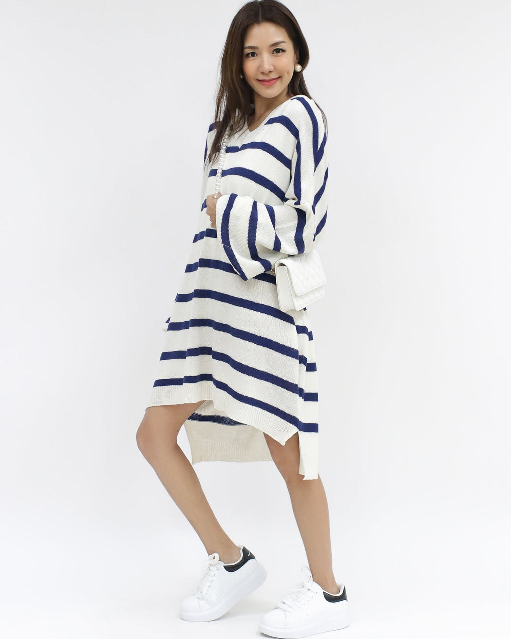 Ivory & navy stripes knitted longline top *pre-order