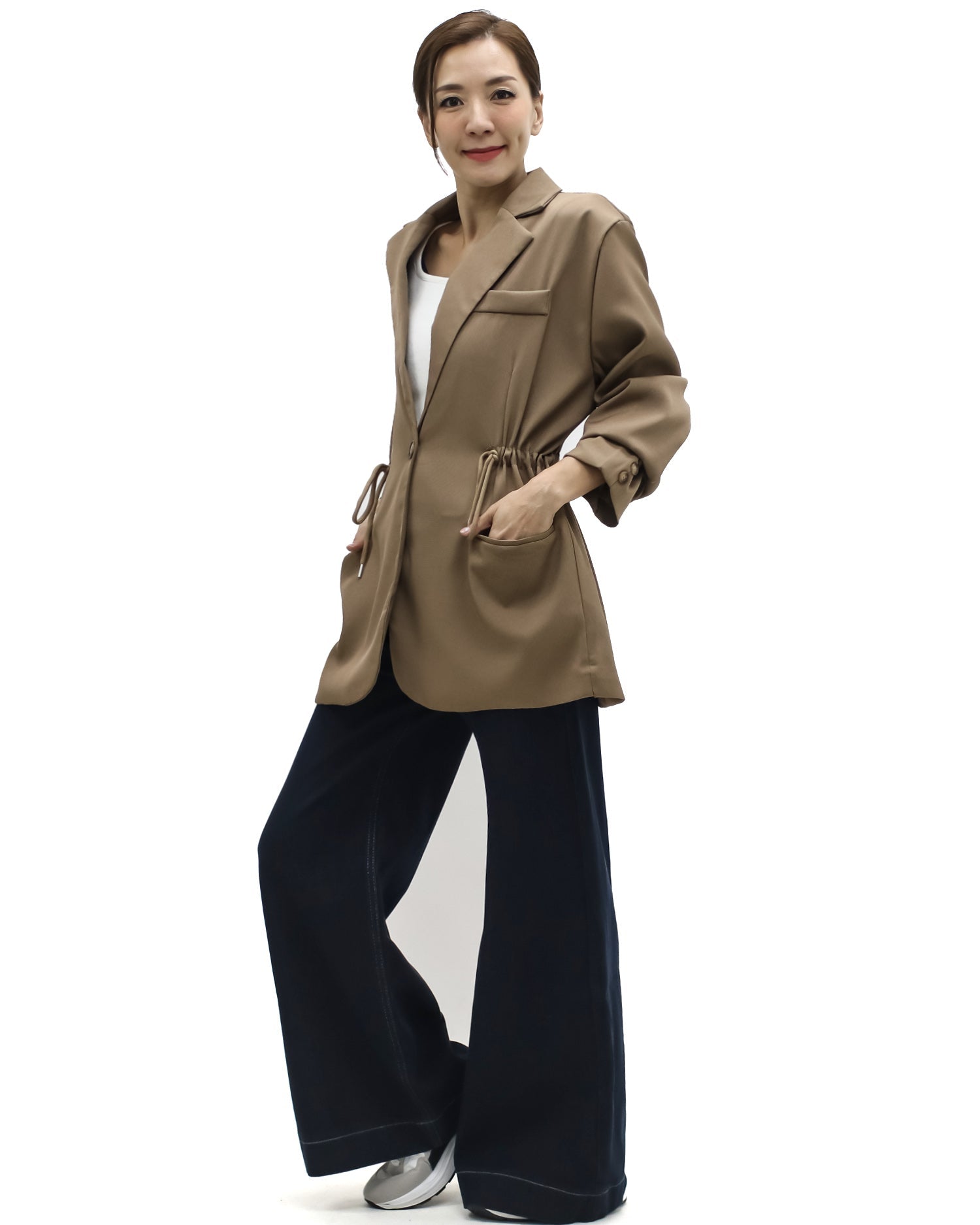 beige drawstring waist blazer