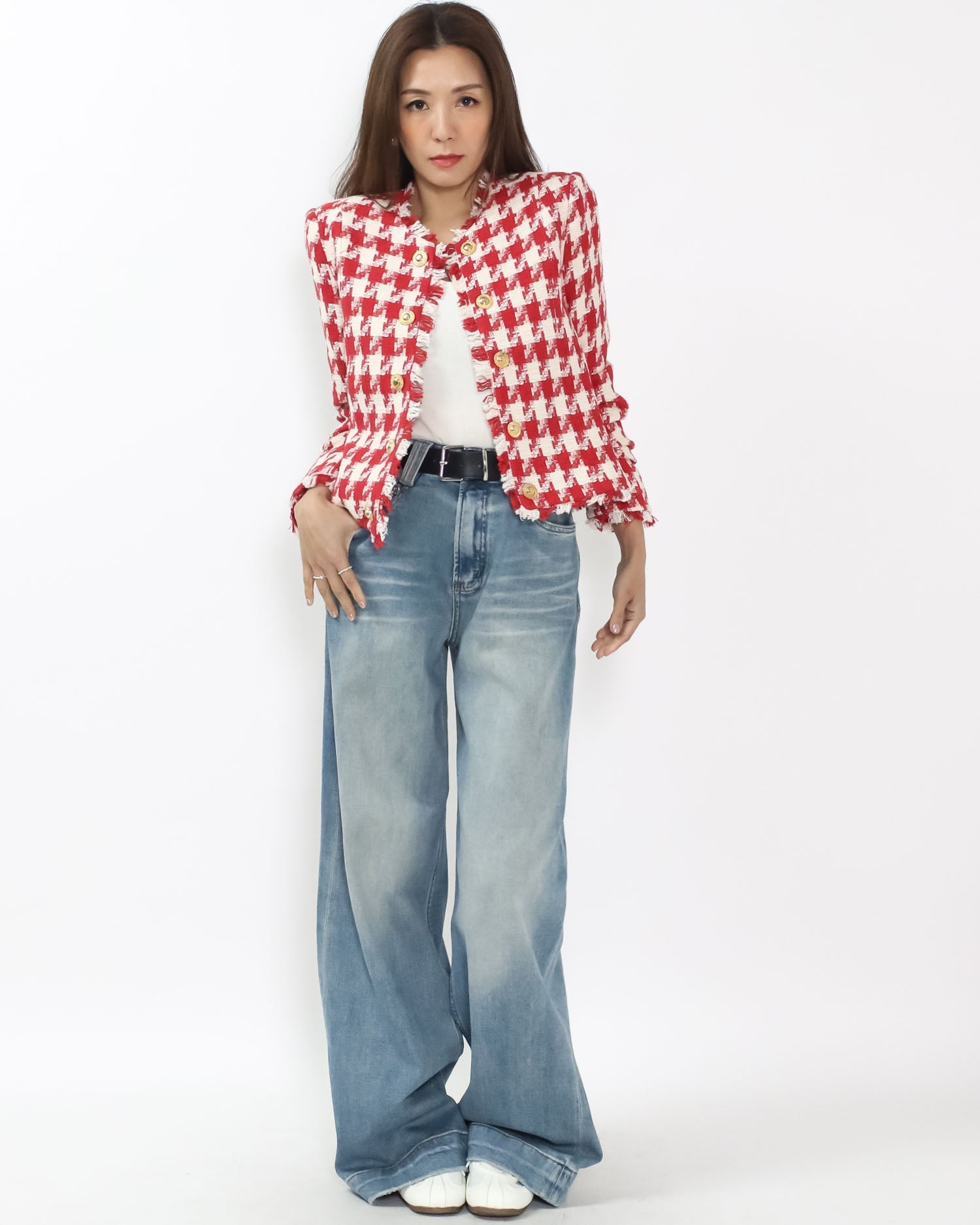 washed blue denim straight legs jeans w/ belt *pre-order*