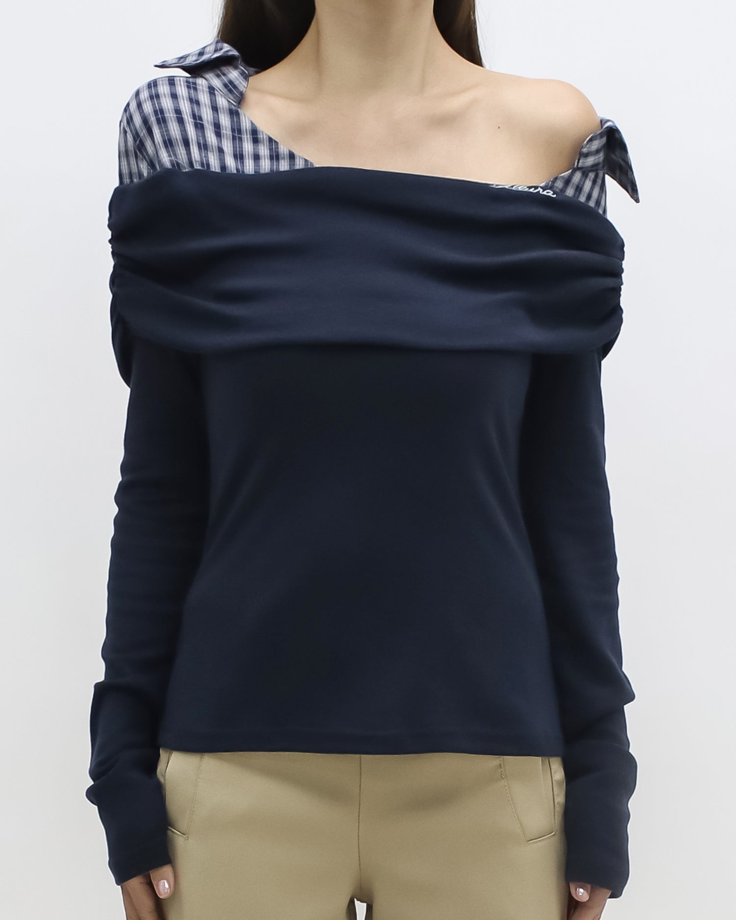 navy w/ checkers shirt collar contrast top *pre-order*