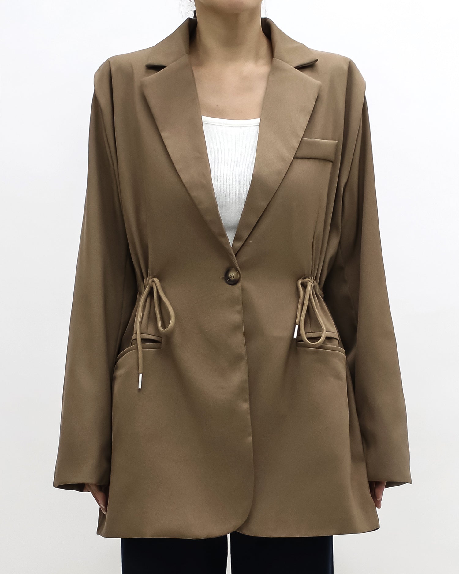 beige drawstring waist blazer
