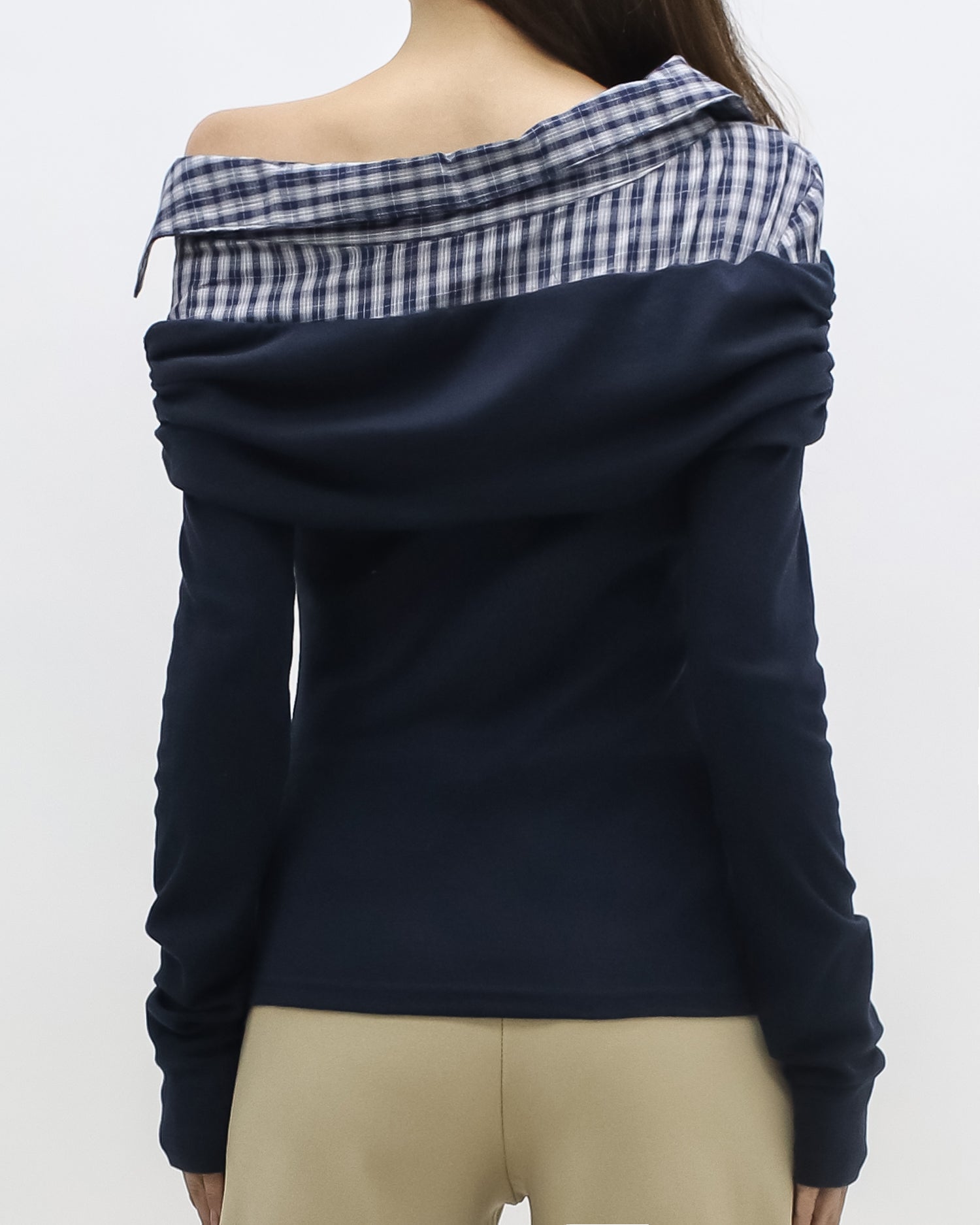 navy w/ checkers shirt collar contrast top *pre-order*