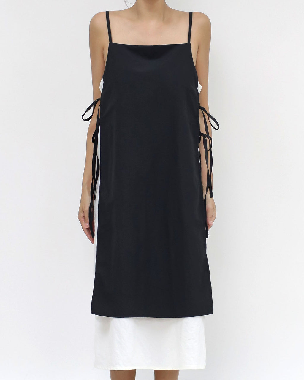 black & ivory texture tie-up sides strappy dress