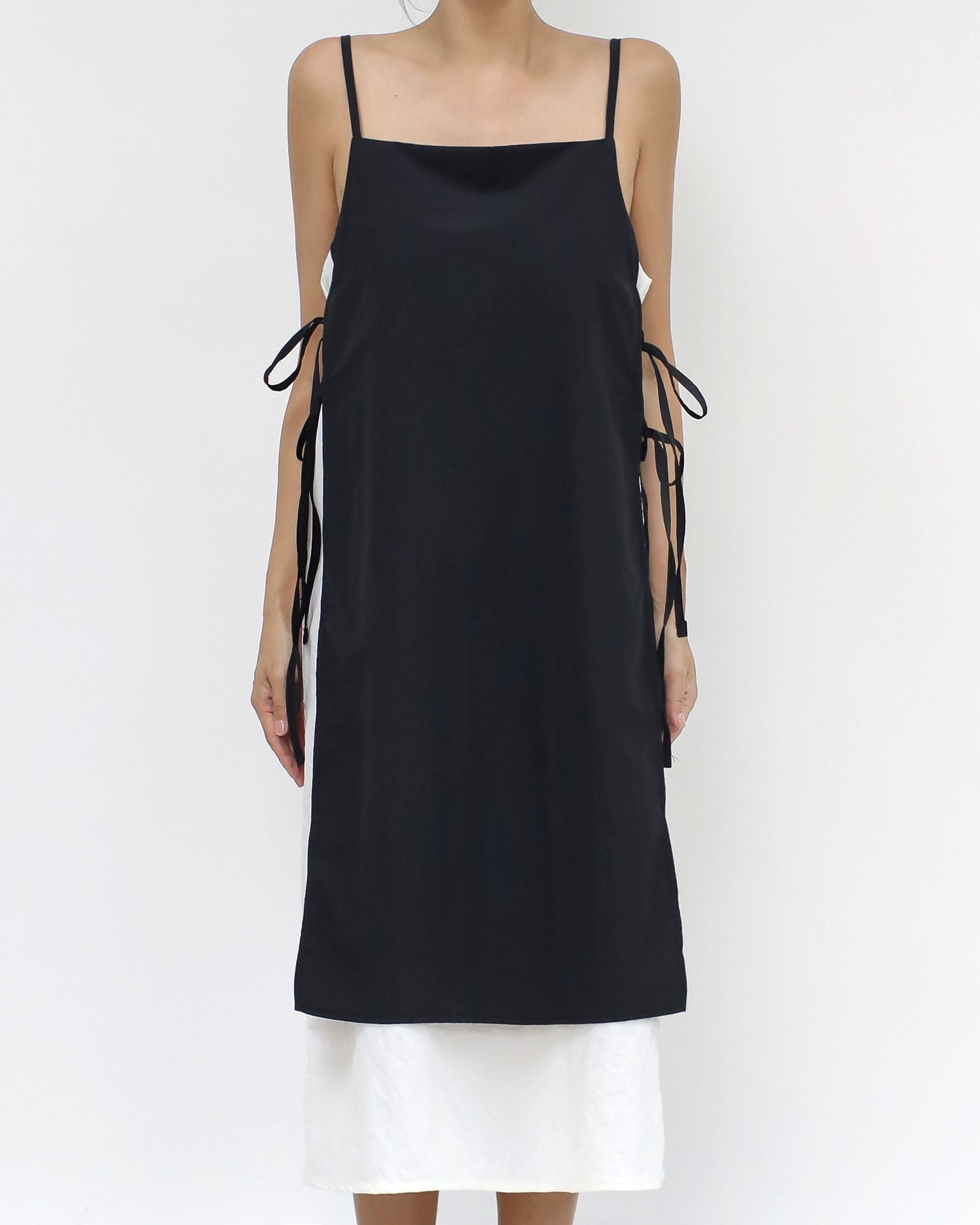 black & ivory texture tie-up sides strappy dress