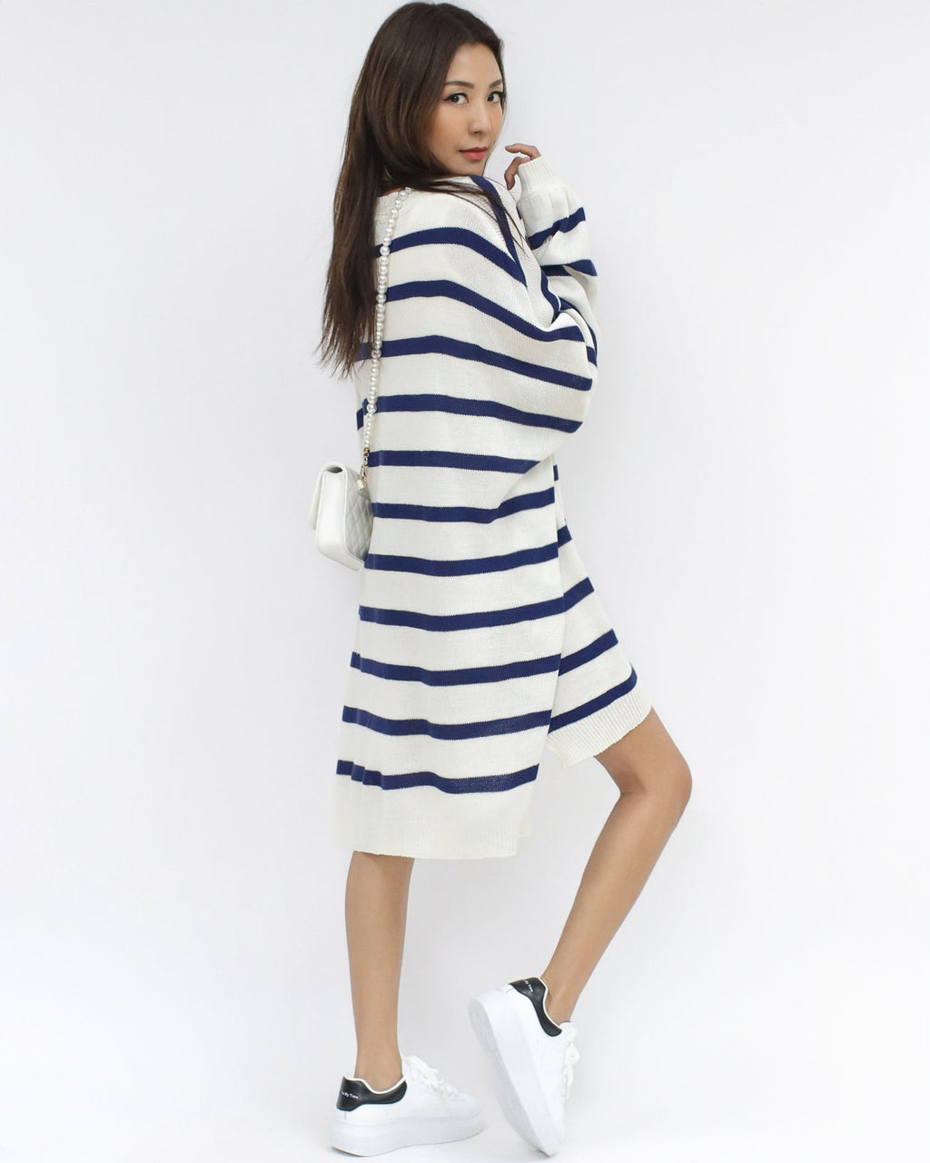 Ivory & navy stripes knitted longline top *pre-order