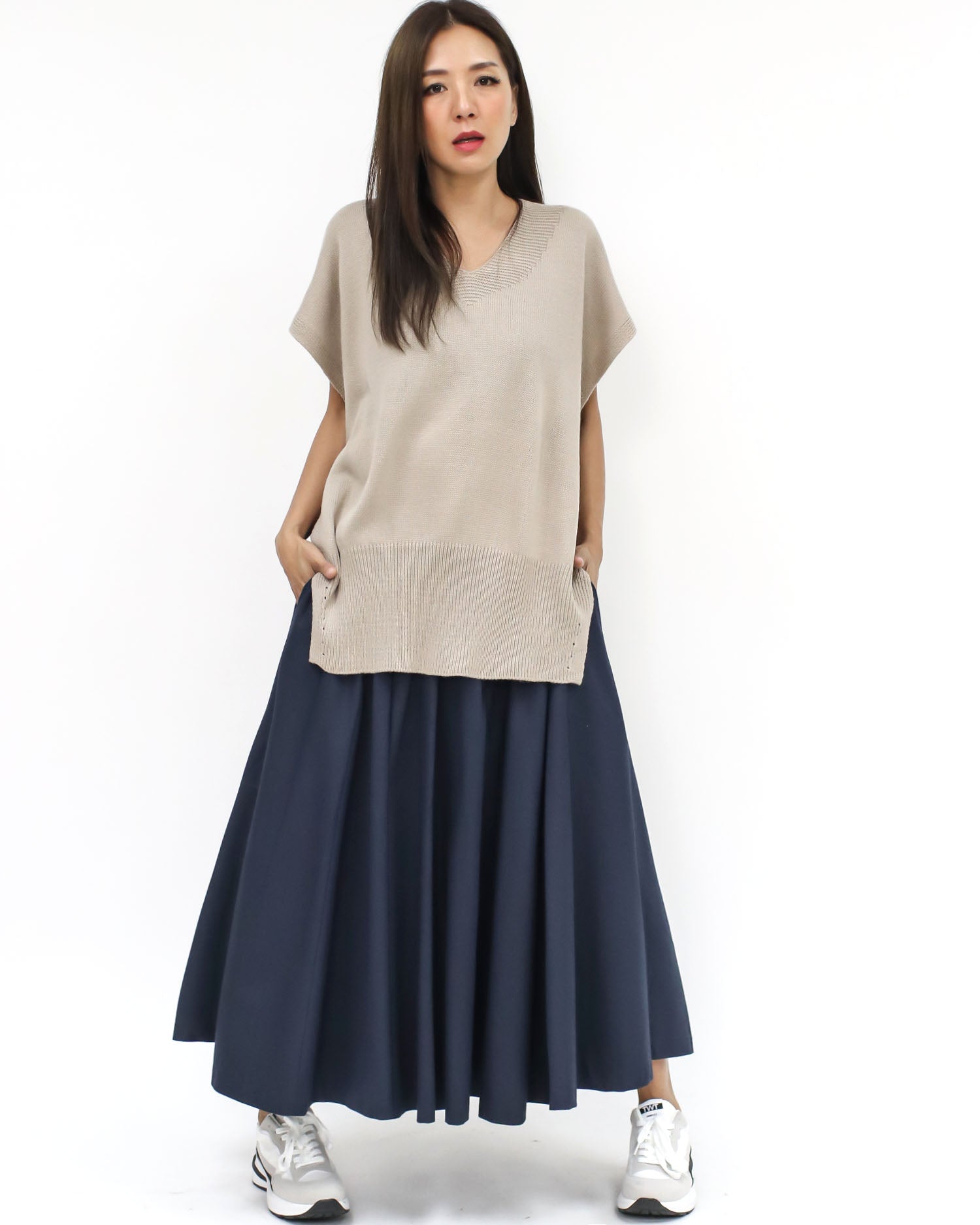 Navy flare cotton longline skirt