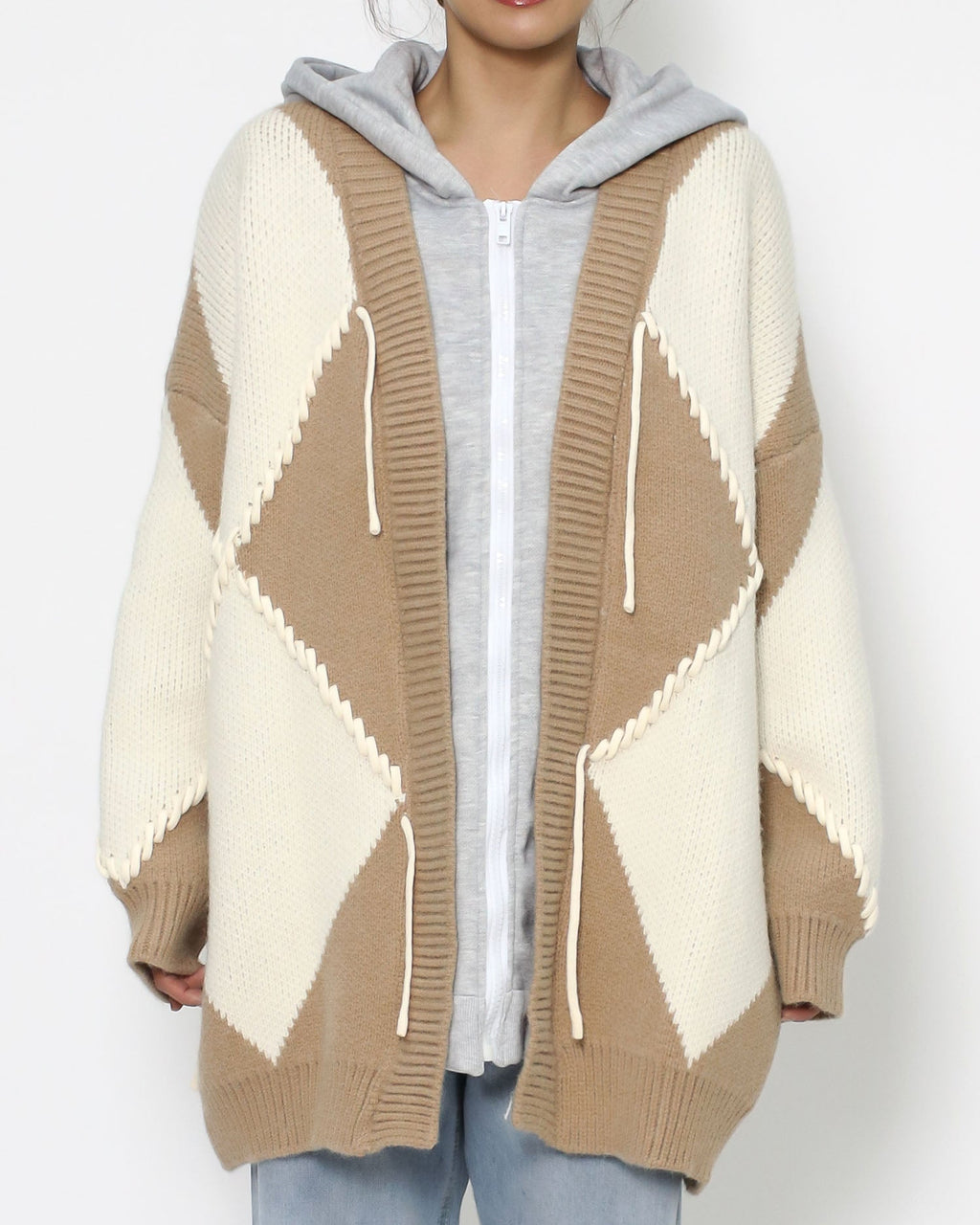 beige & ivory knitted cardigan w/ grey hoodie *pre-order*