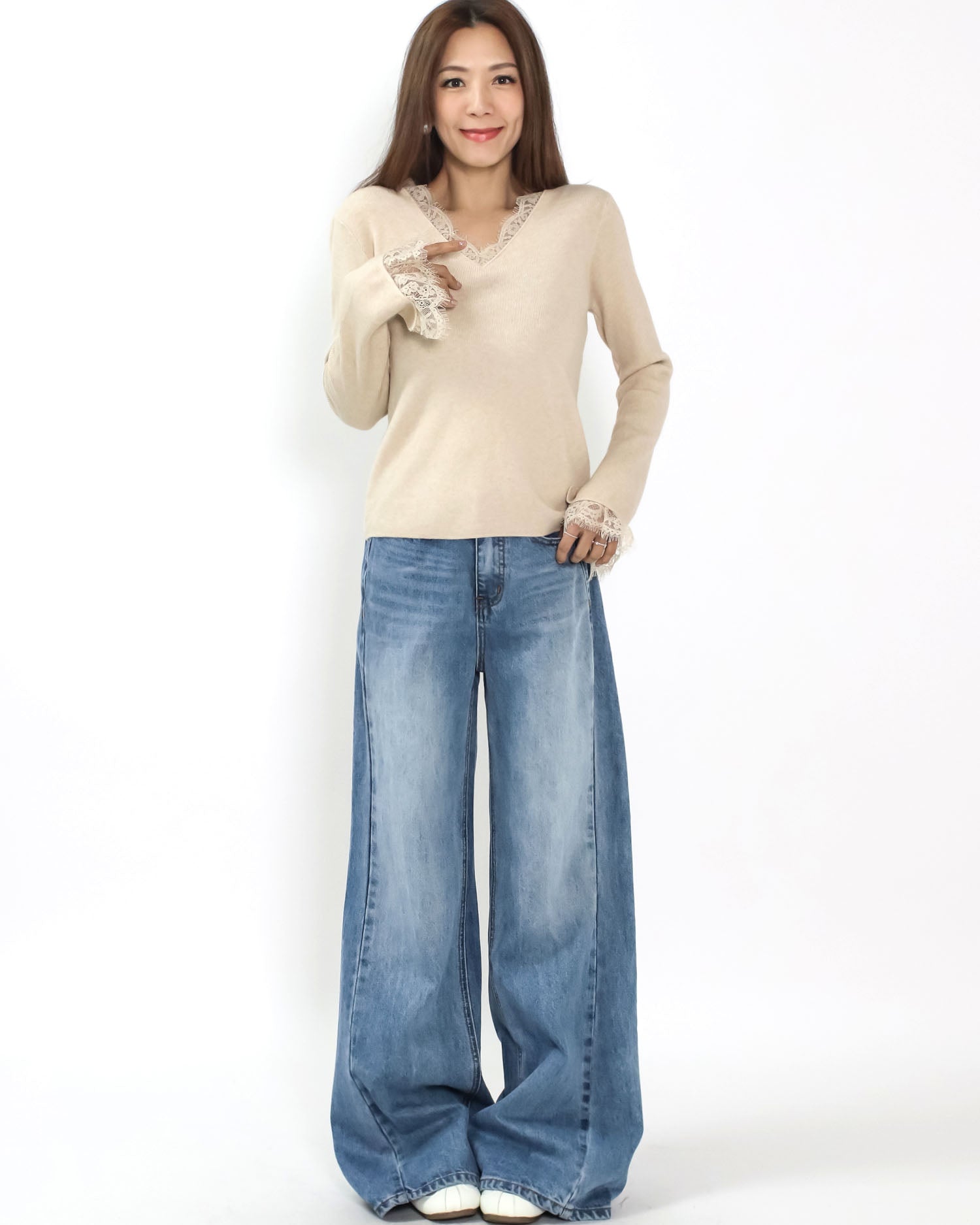 beige oat lace trim knitted top *pre-order*