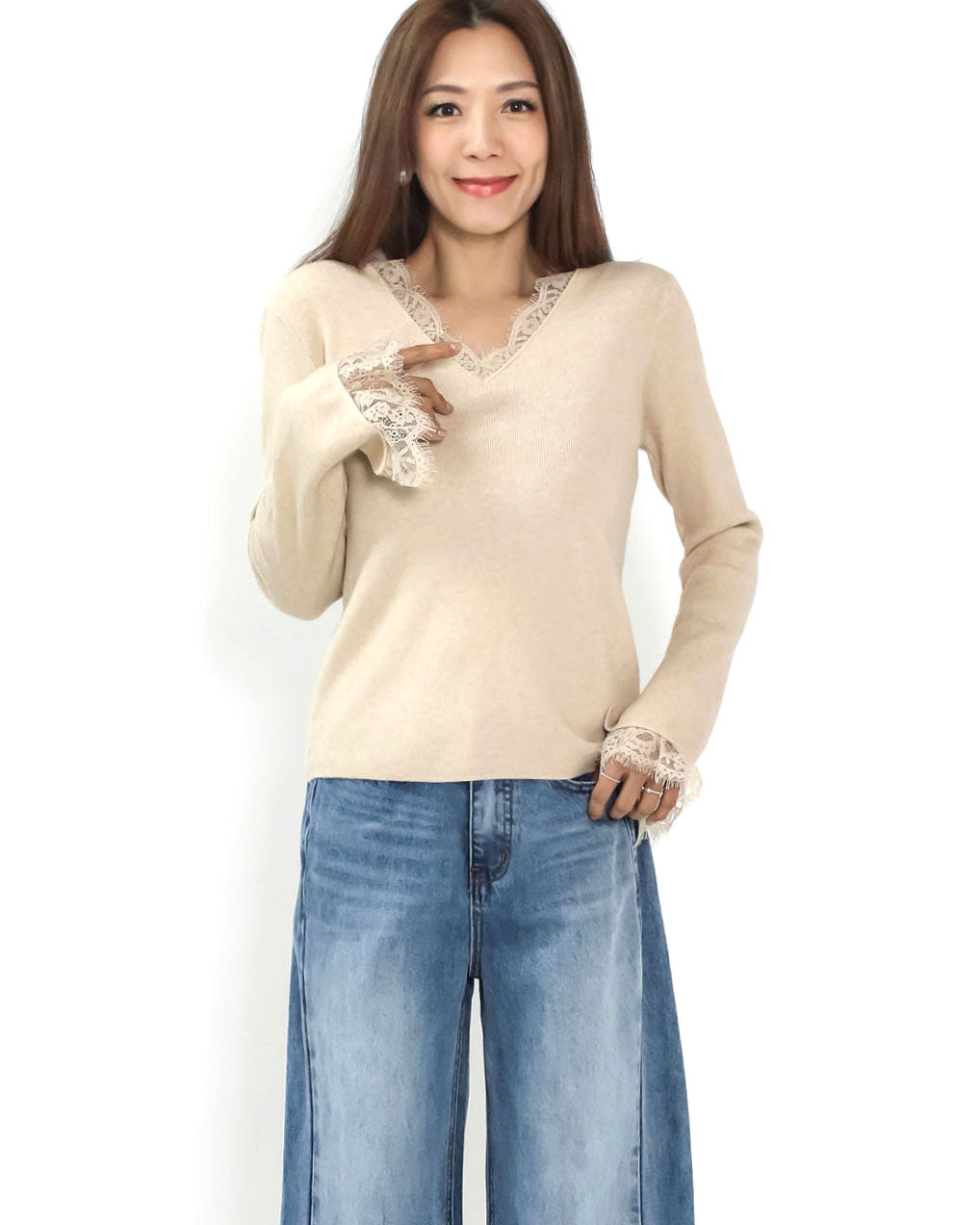 beige oat lace trim knitted top *pre-order*