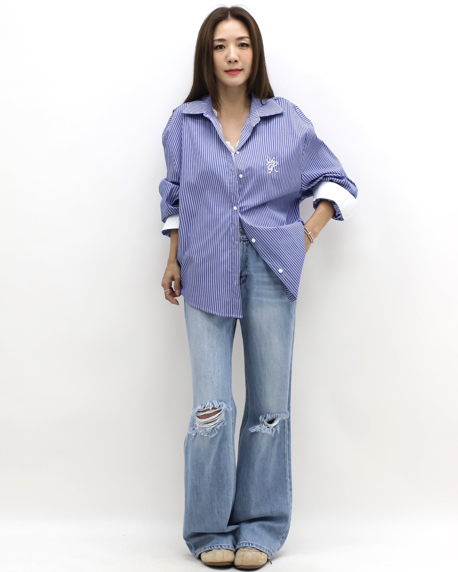 blue & ivory stripes w/ embroidered front shirt