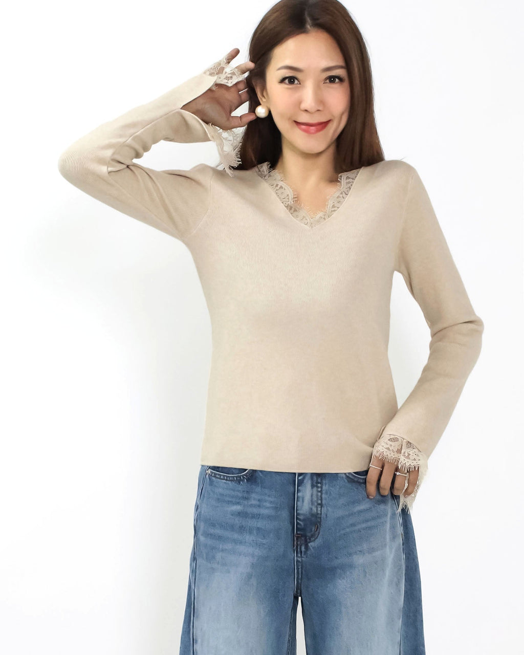 beige oat lace trim knitted top *pre-order*