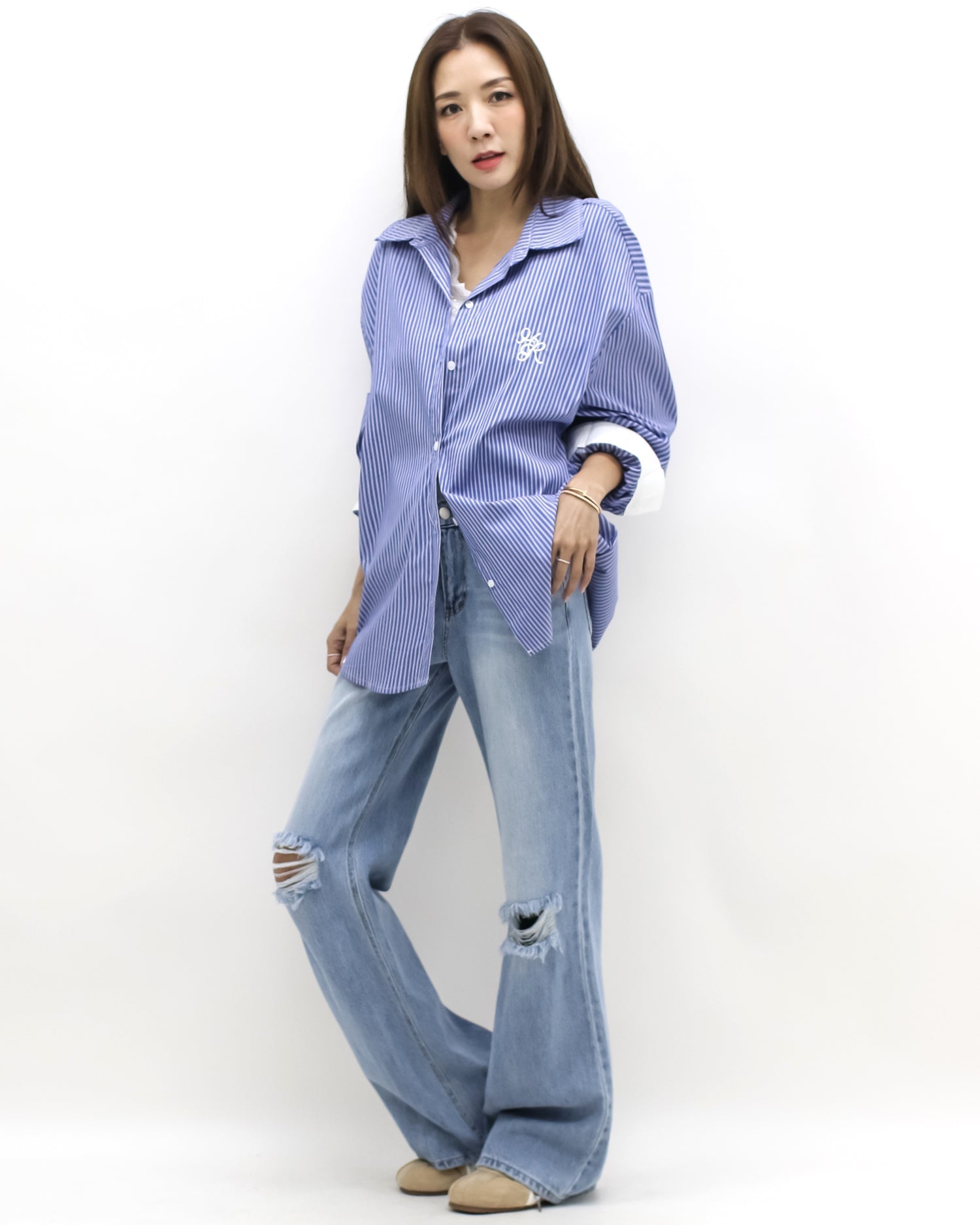 blue & ivory stripes w/ embroidered front shirt