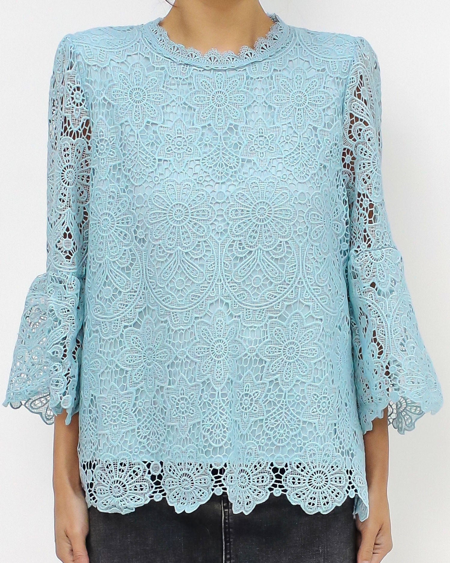 blue crochet bell sleeves top