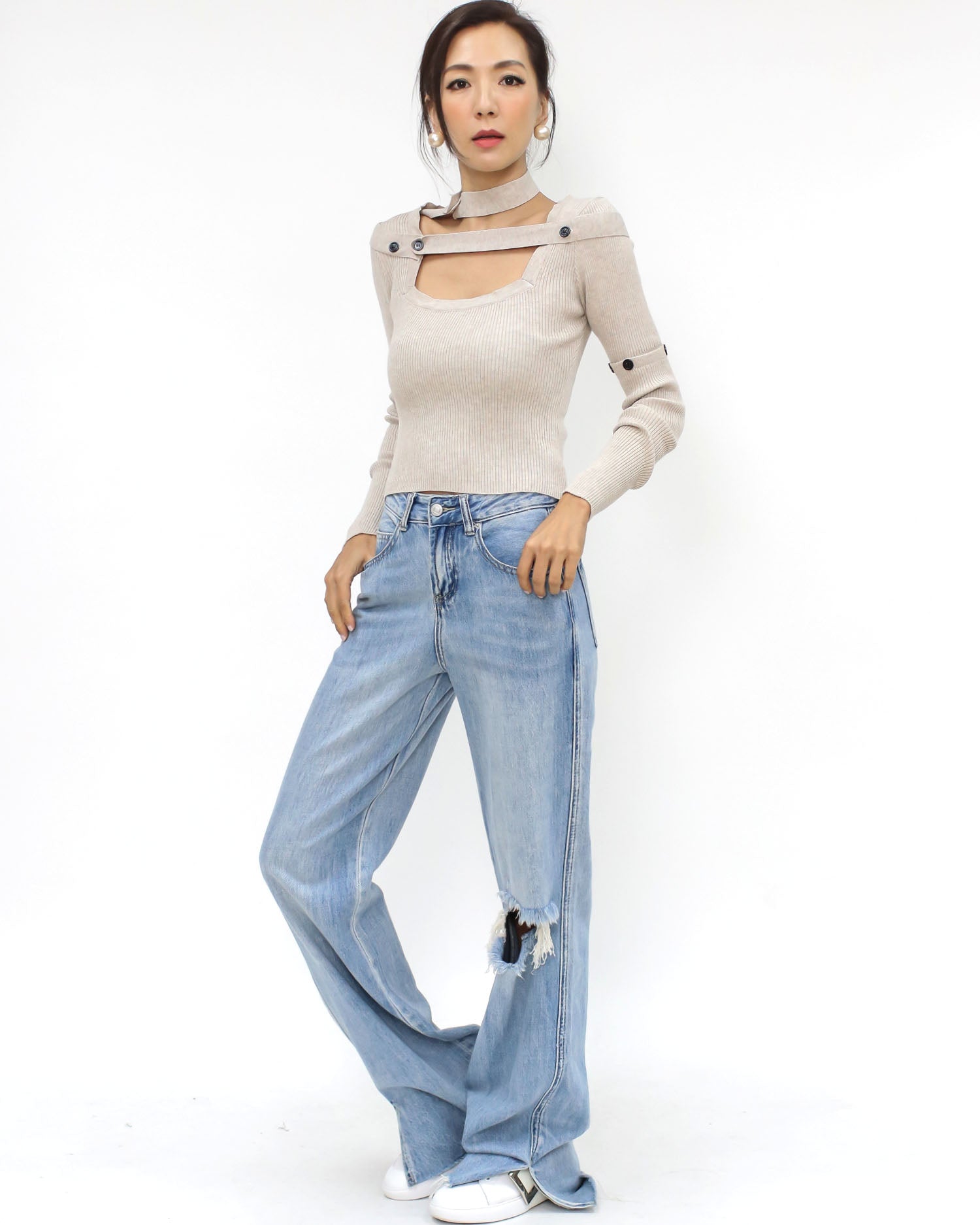 oak beige strappy neck knitted top *pre-order*