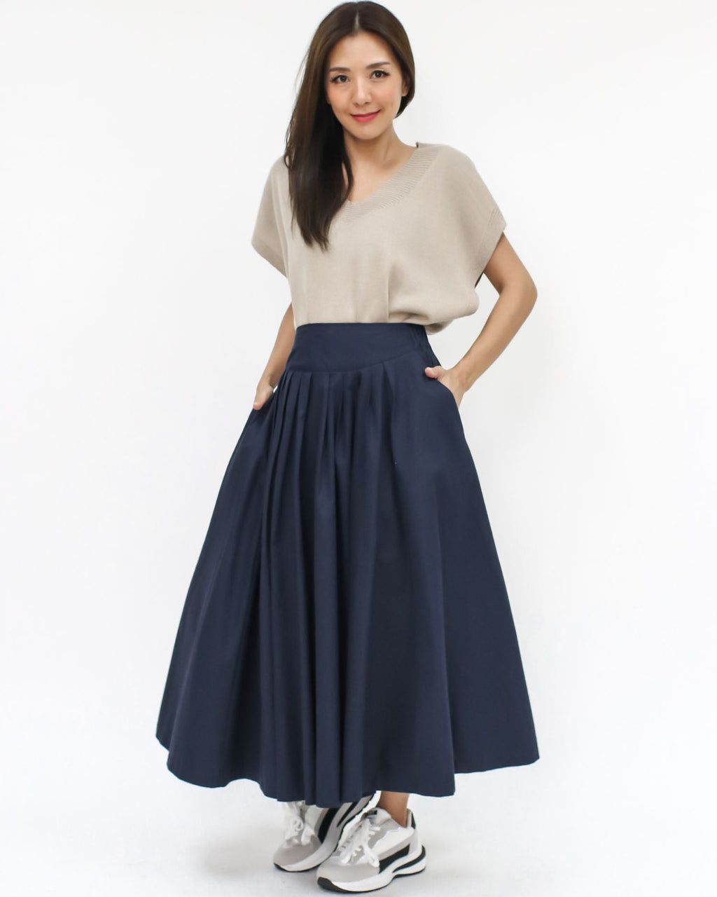 Navy flare cotton longline skirt
