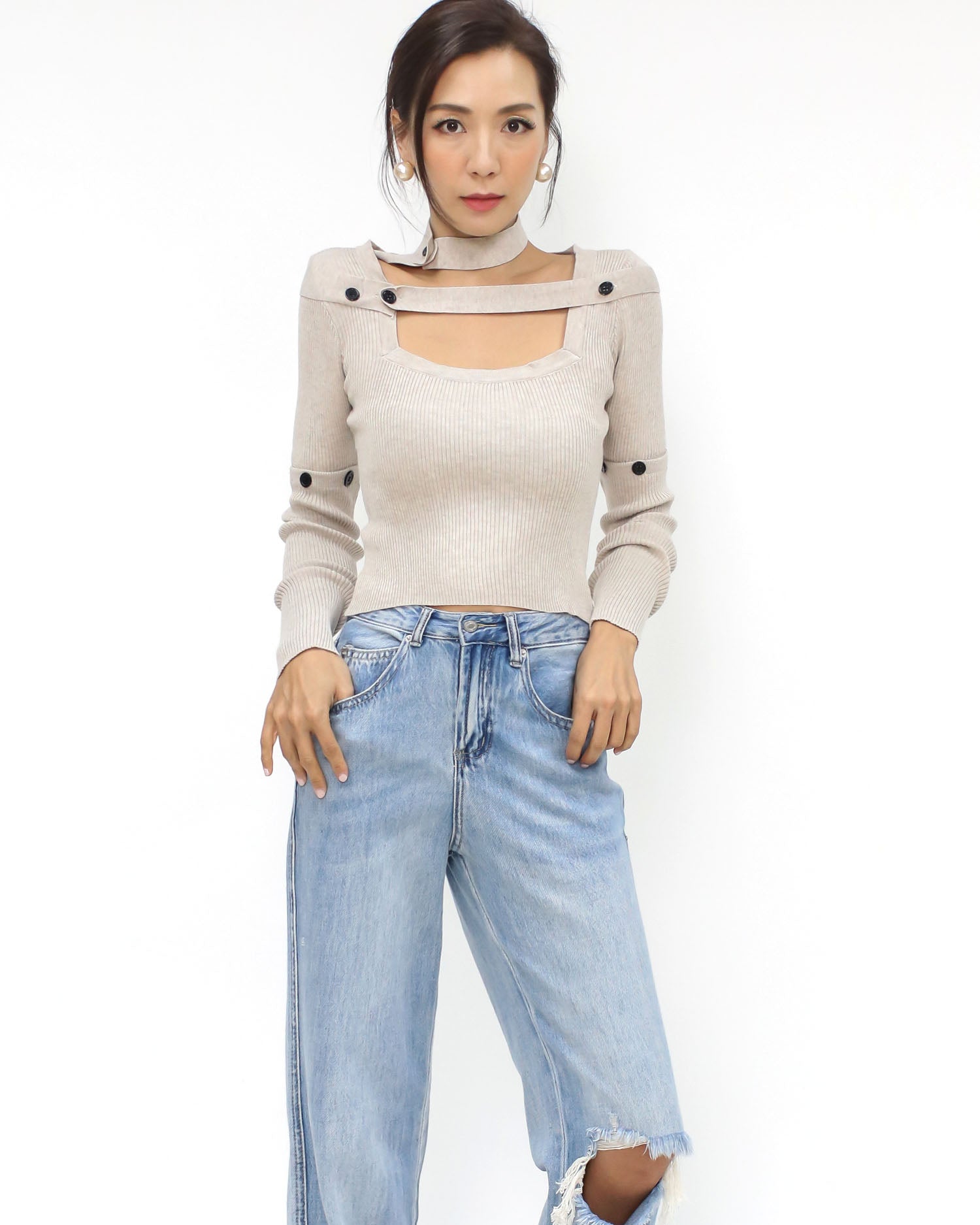 oak beige strappy neck knitted top *pre-order*