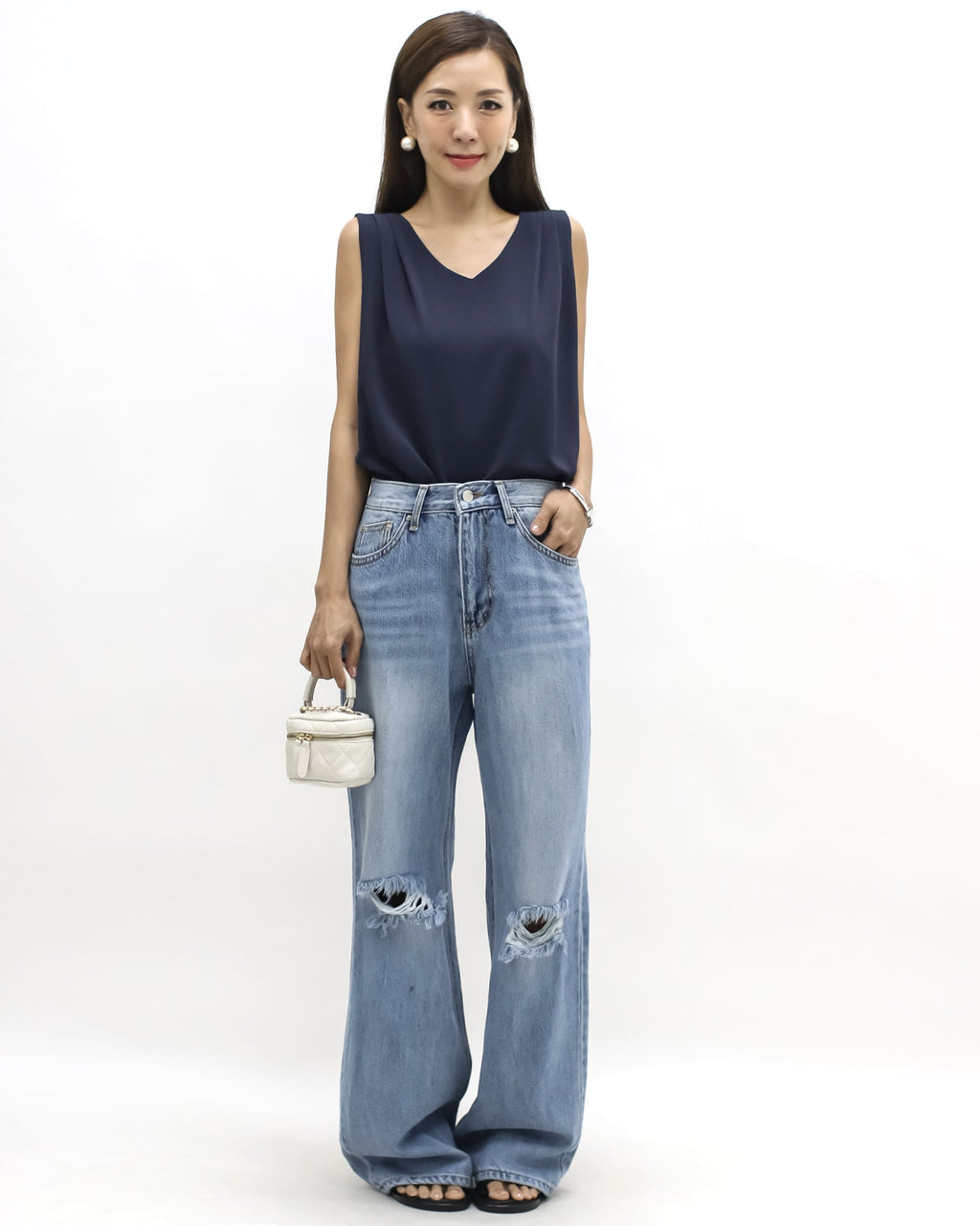 blue denim ripped straight leg jeans *pre-order*