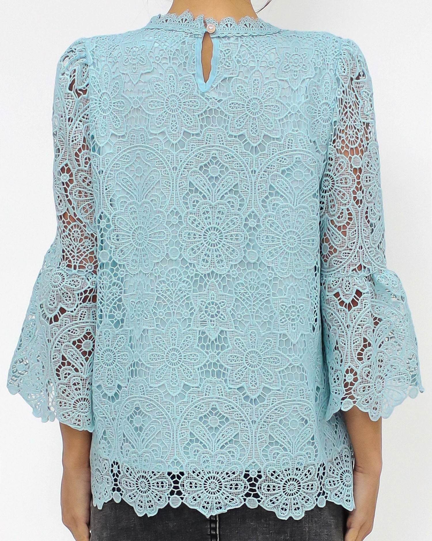 blue crochet bell sleeves top