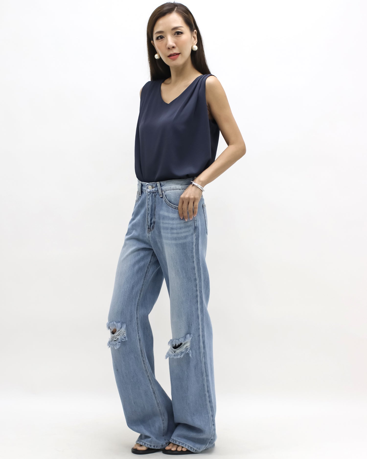 blue denim ripped straight leg jeans *pre-order*