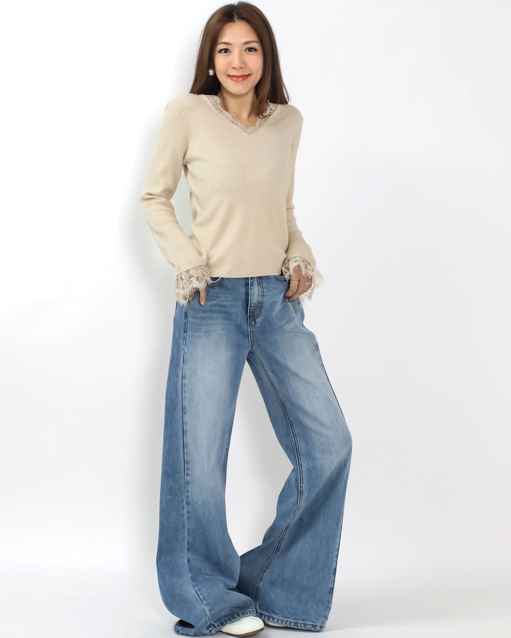 beige oat lace trim knitted top *pre-order*