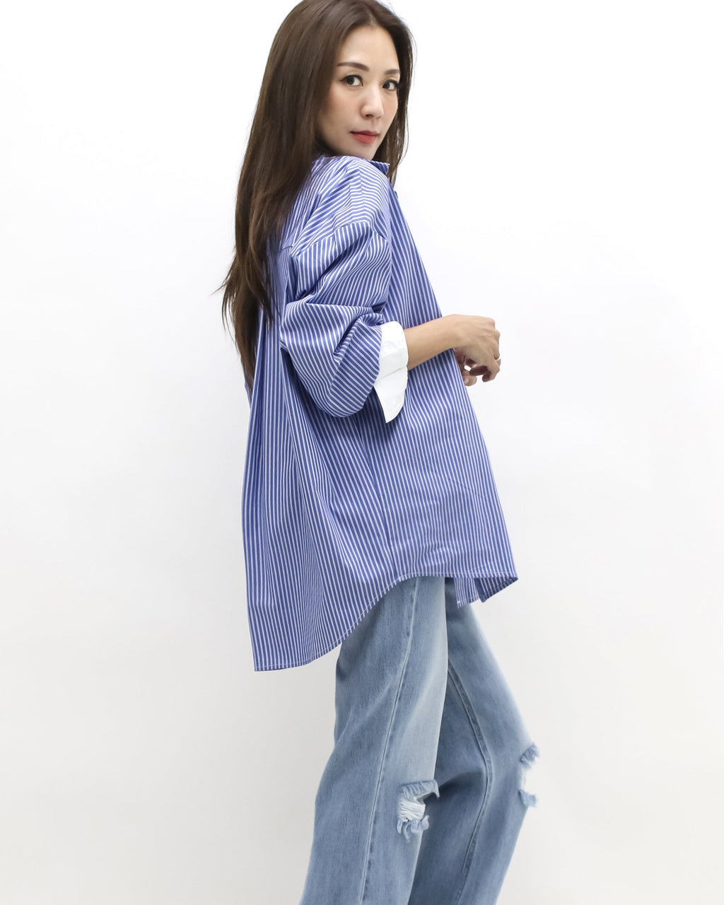 blue & ivory stripes w/ embroidered front shirt