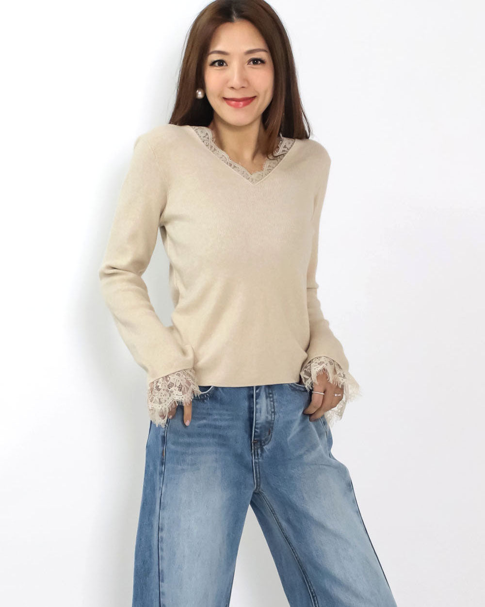 beige oat lace trim knitted top *pre-order*