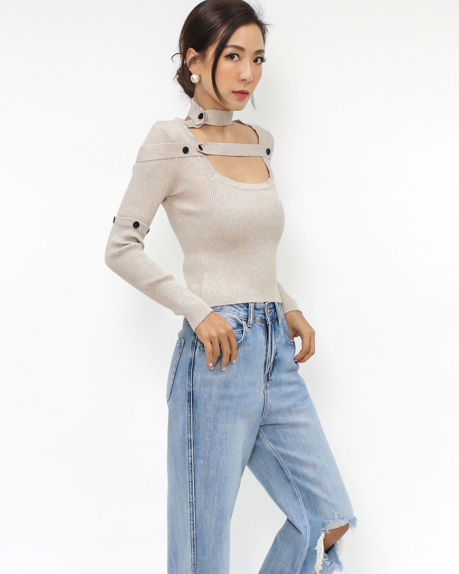 oak beige strappy neck knitted top *pre-order*