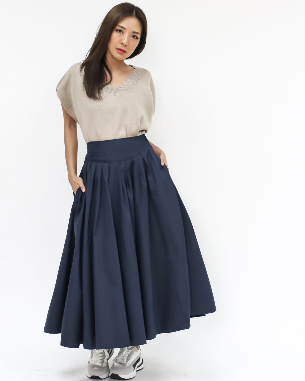 Navy flare cotton longline skirt