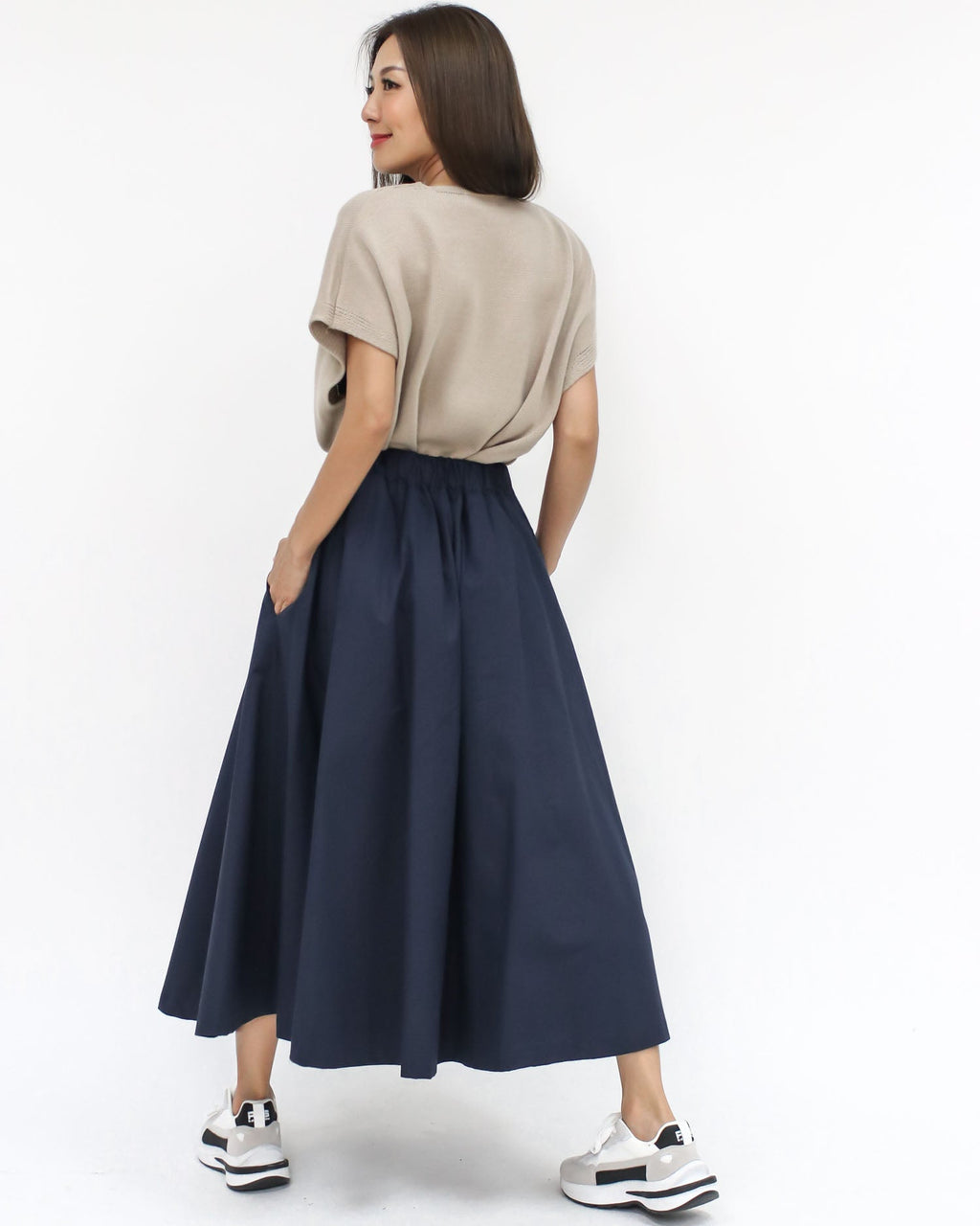 Navy flare cotton longline skirt