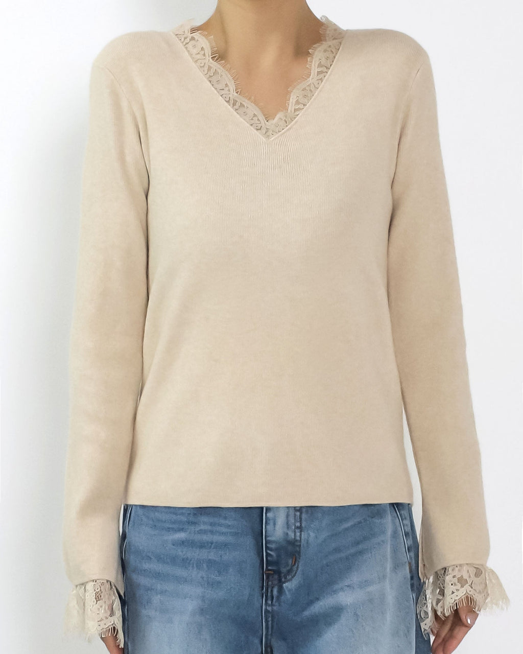 beige oat lace trim knitted top *pre-order*