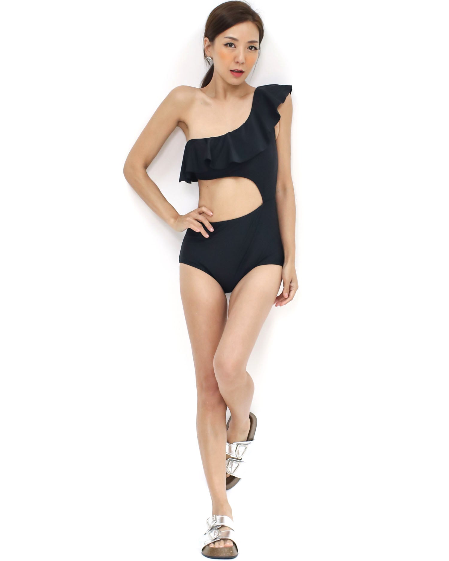 black cutout ruffles one shoulder one-piece swimwear *pre-order*