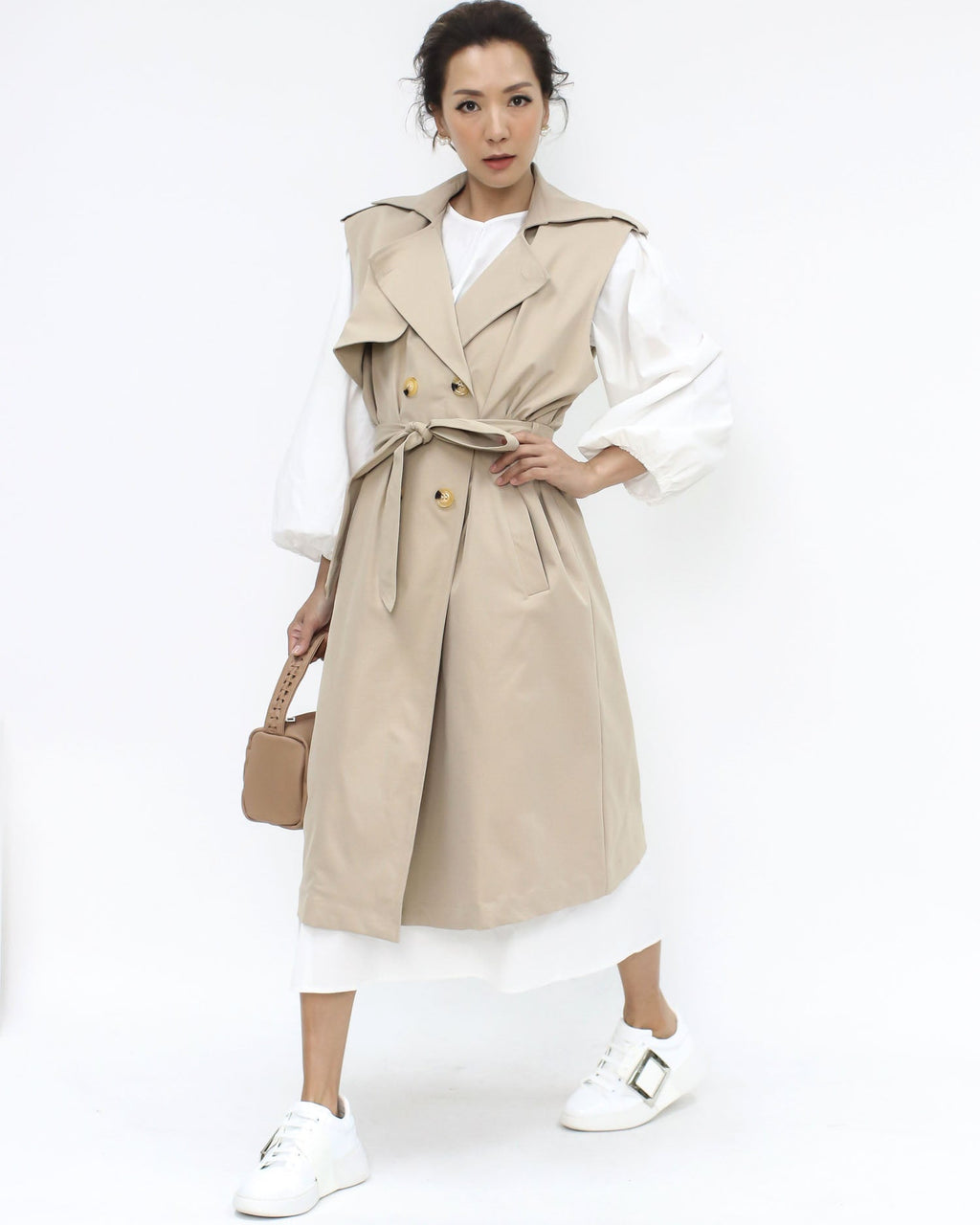 beige vest trench coat w/ ivory shirt dress *pre-order*