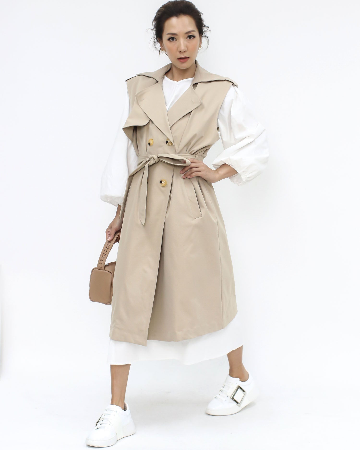 beige vest trench coat w/ ivory shirt dress *pre-order*