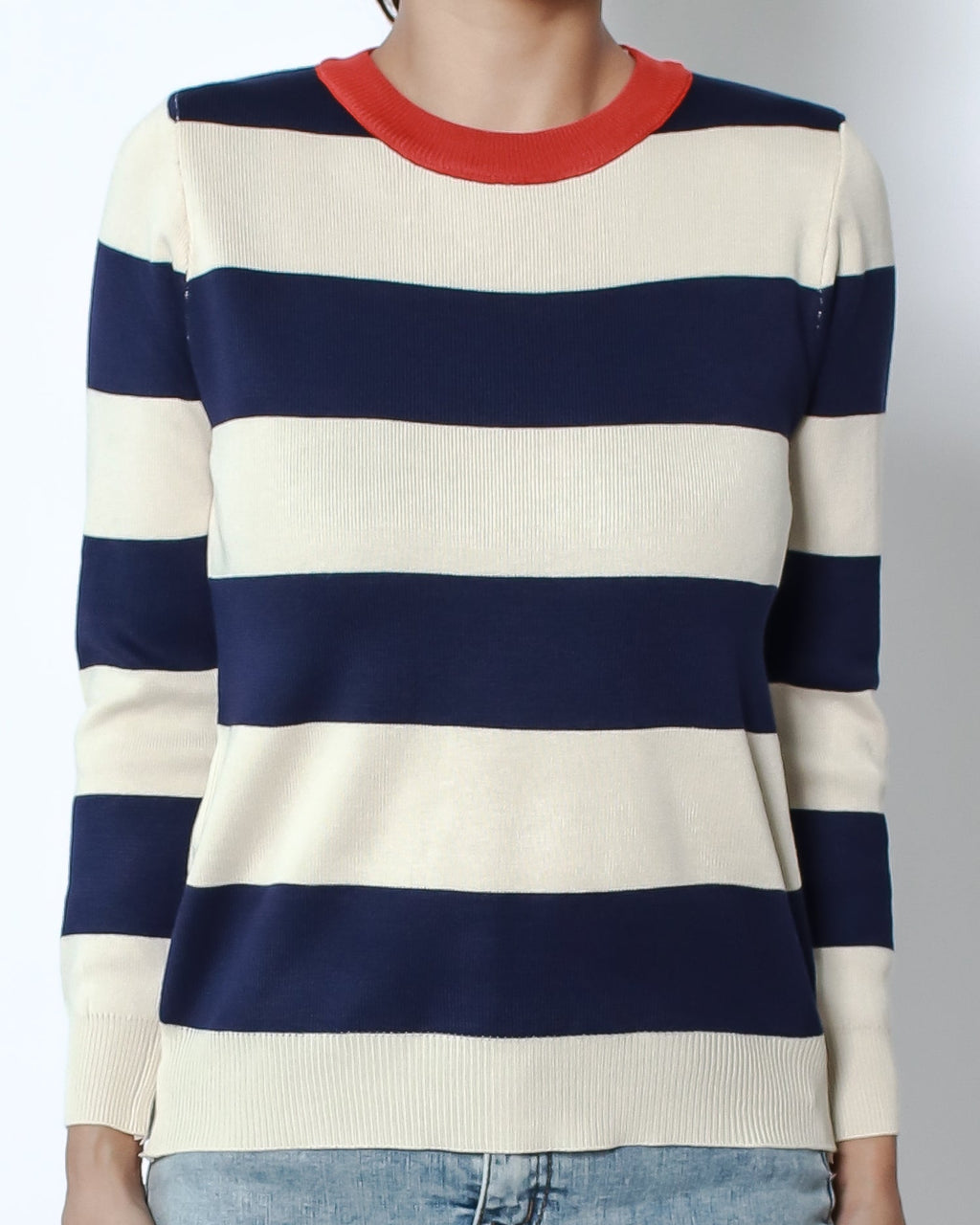 beige & navy stripes with red neckline knitted top *pre-order*