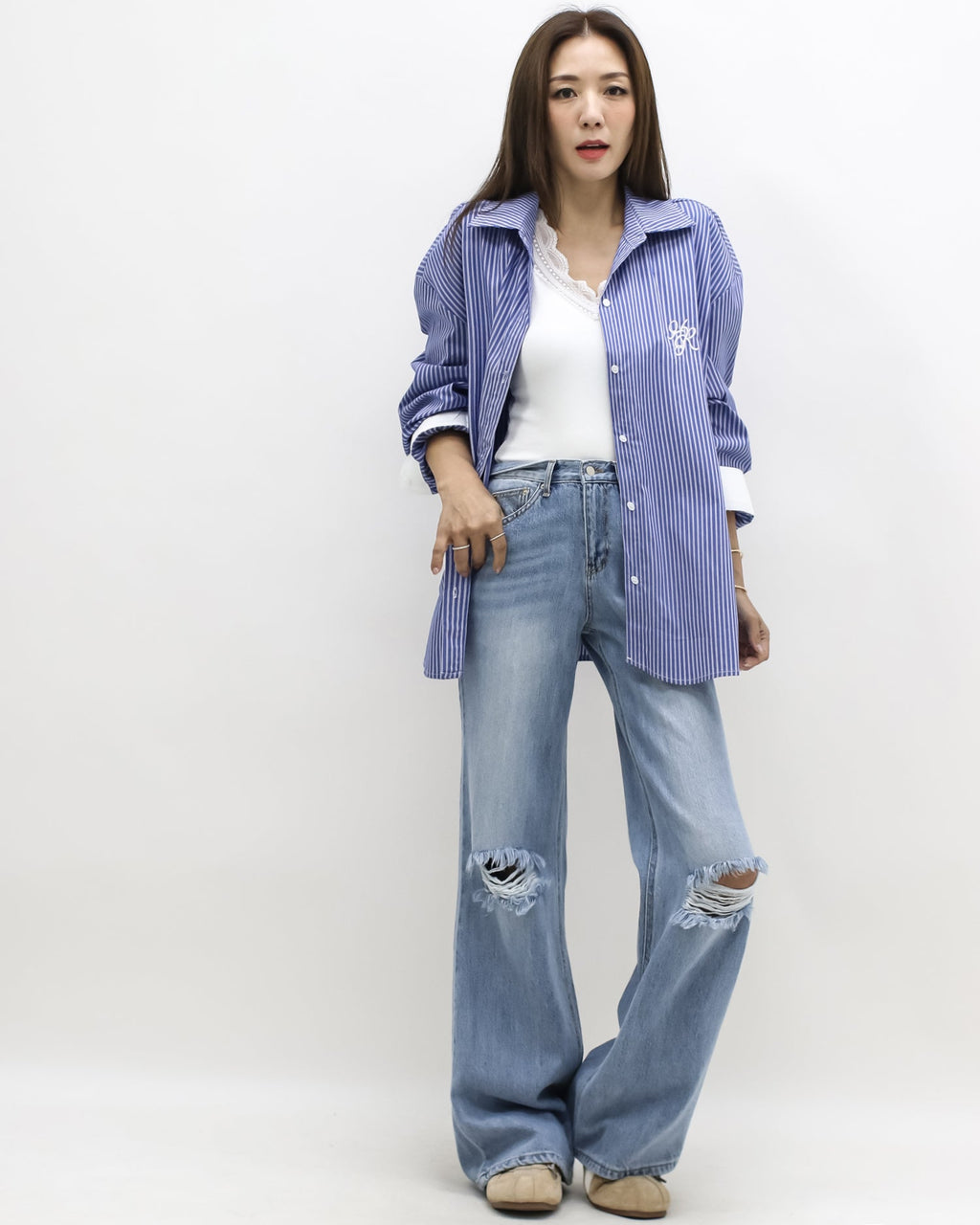 blue & ivory stripes w/ embroidered front shirt