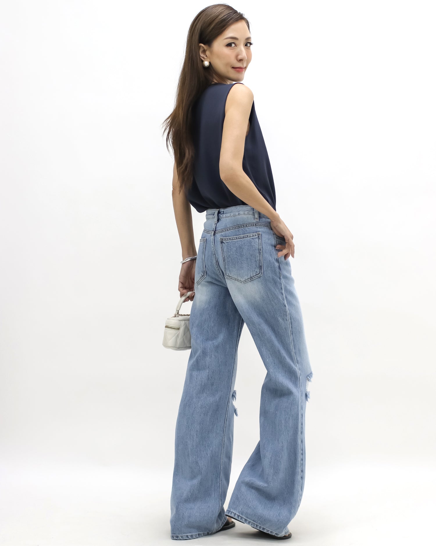 blue denim ripped straight leg jeans *pre-order*