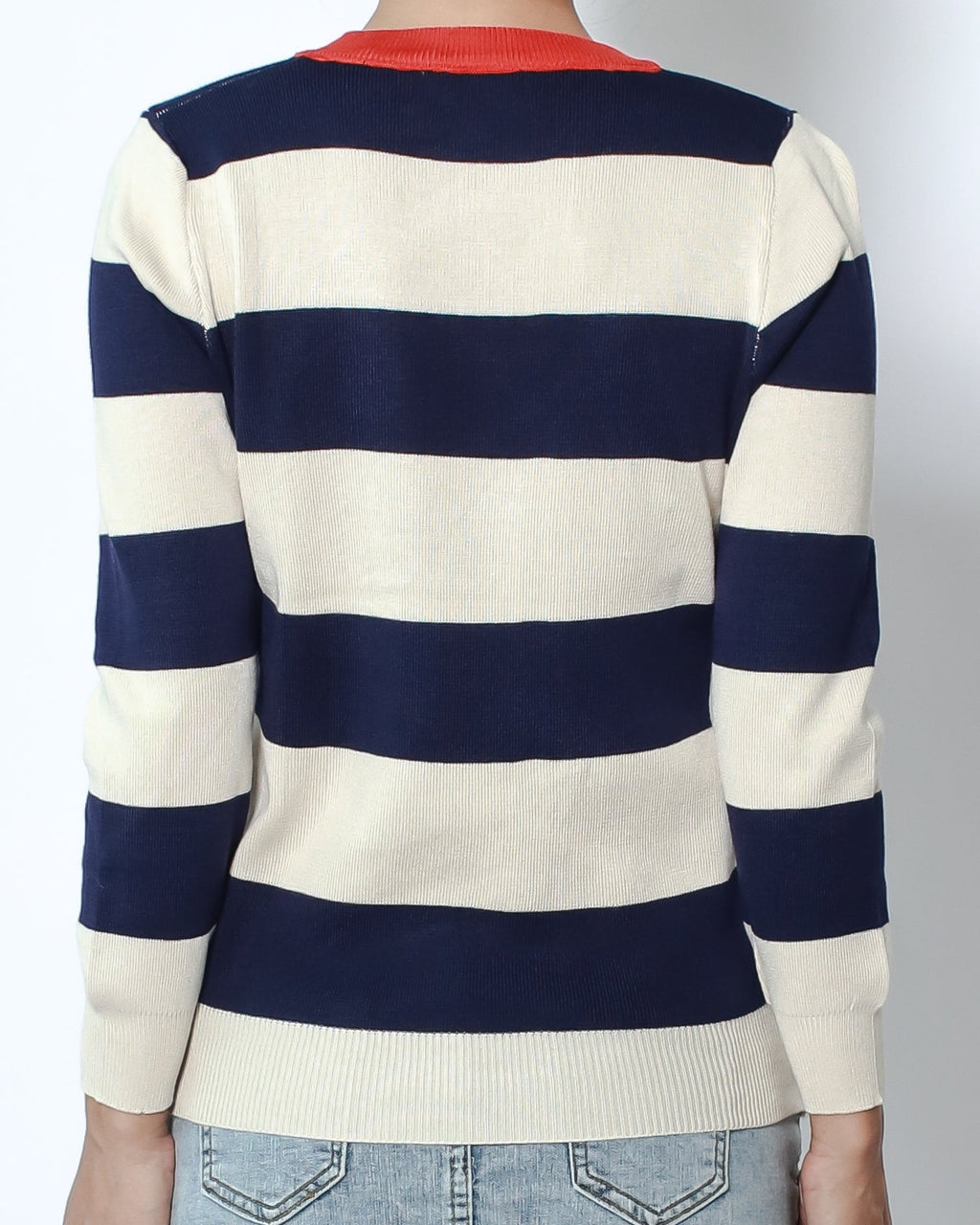 beige & navy stripes with red neckline knitted top *pre-order*