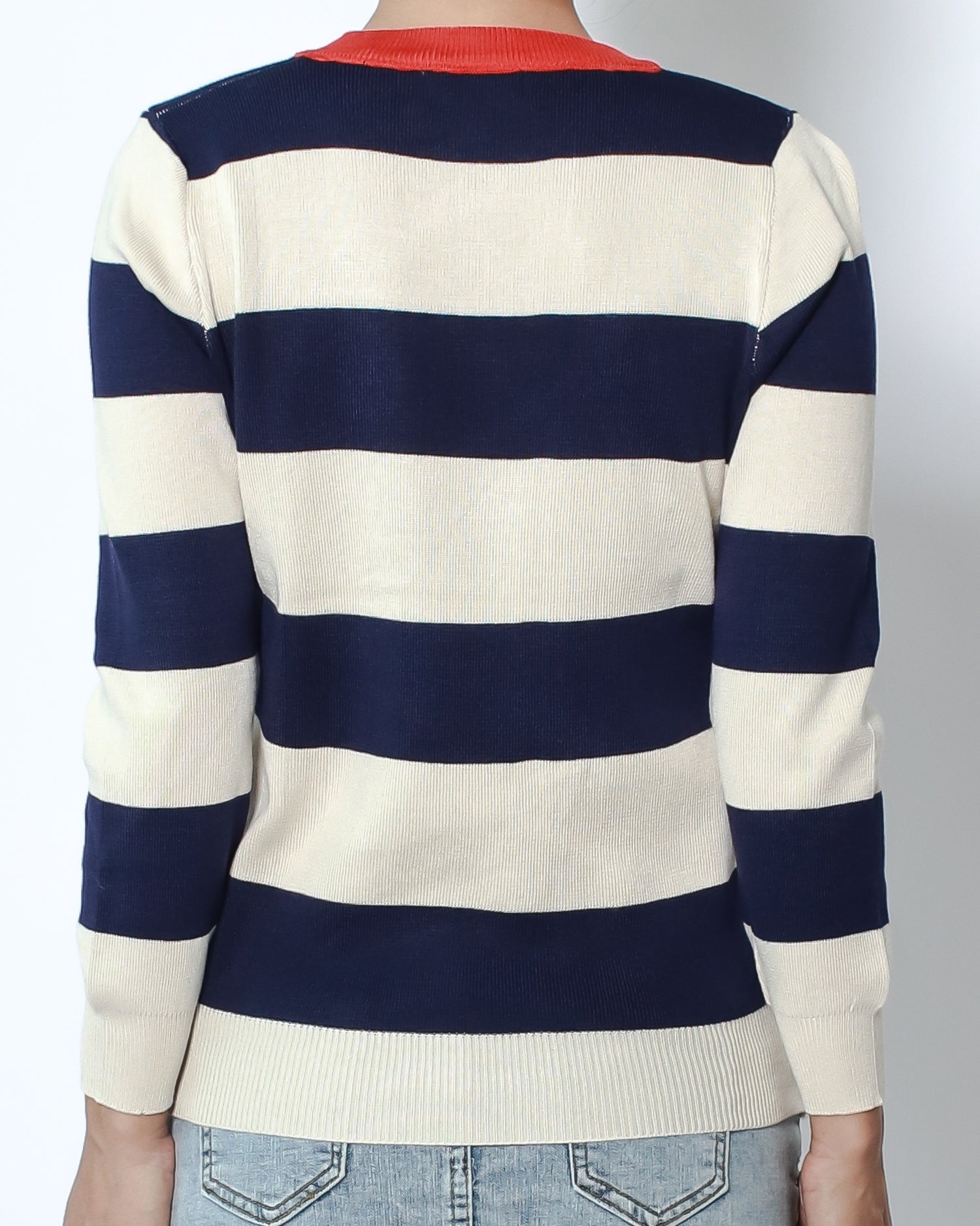beige & navy stripes with red neckline knitted top *pre-order*