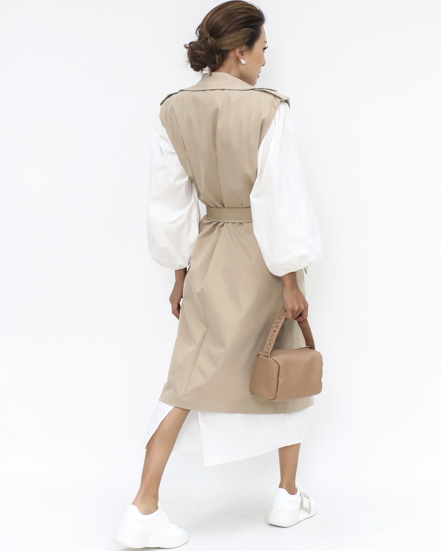 beige vest trench coat w/ ivory shirt dress *pre-order*