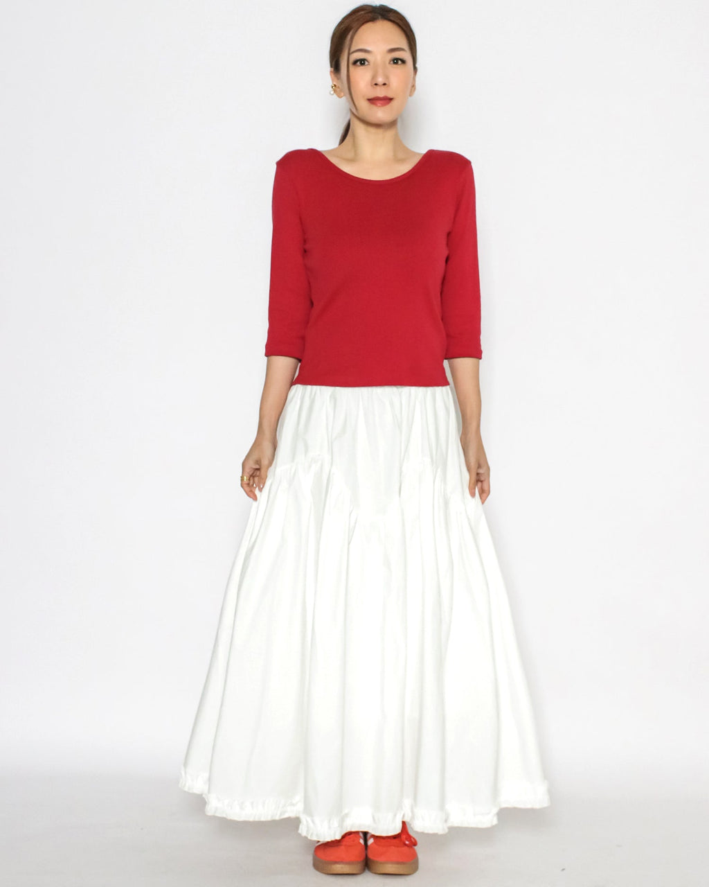 ivory ruffles hem shirt flare skirt