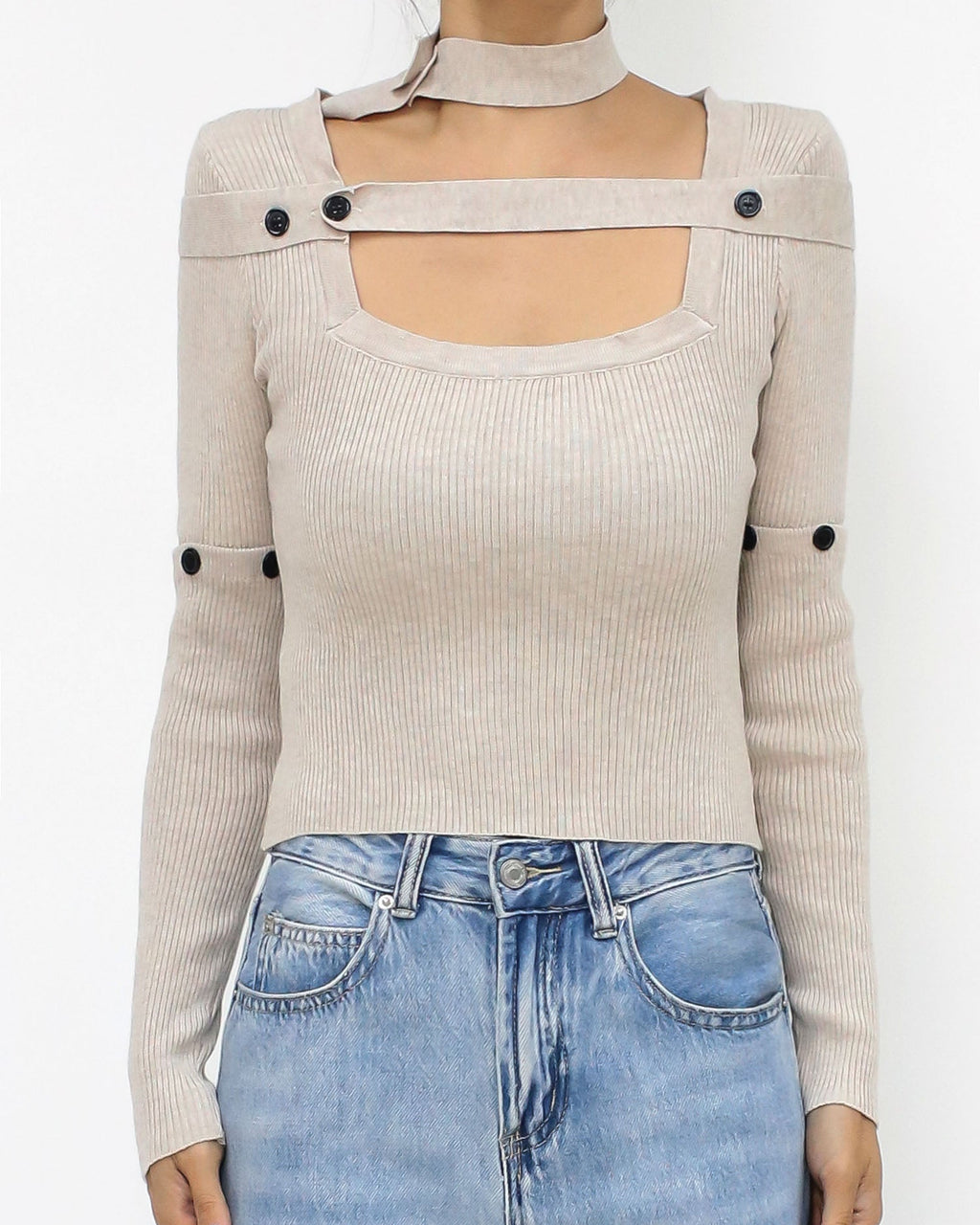 oak beige strappy neck knitted top *pre-order*