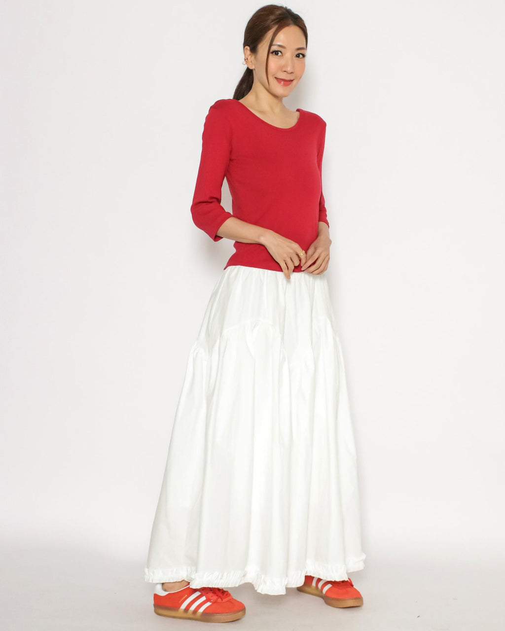 ivory ruffles hem shirt flare skirt